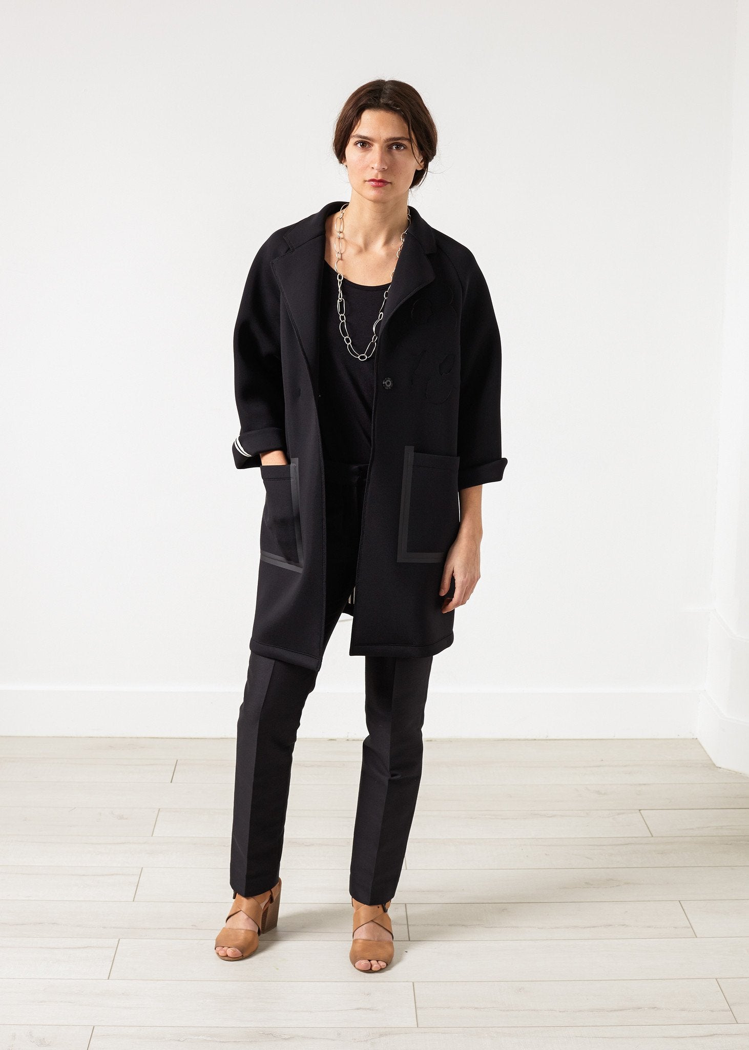 Neoprene Flower Coat in Black|women's coats & jackets[option1]|[option2]|[option3] - hello