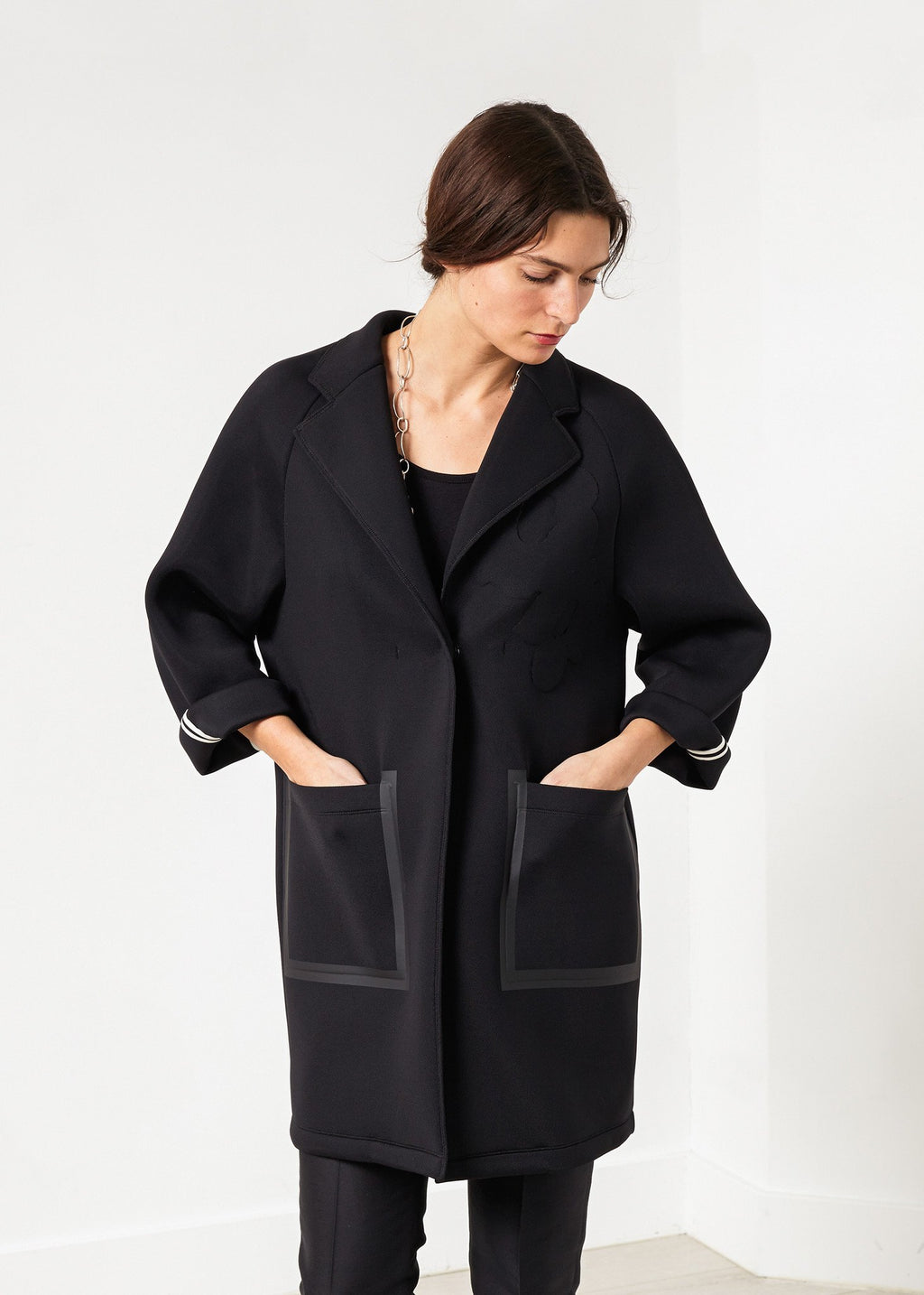 Neoprene Flower Coat in Black|women's coats & jackets[option1]|[option2]|[option3] - hello