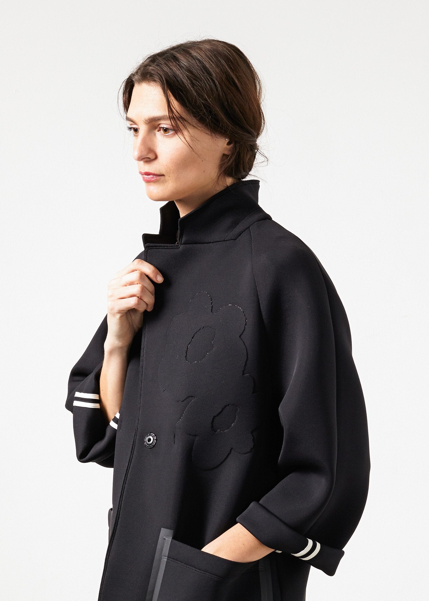 Neoprene Flower Coat in Black|women's coats & jackets[option1]|[option2]|[option3] - hello