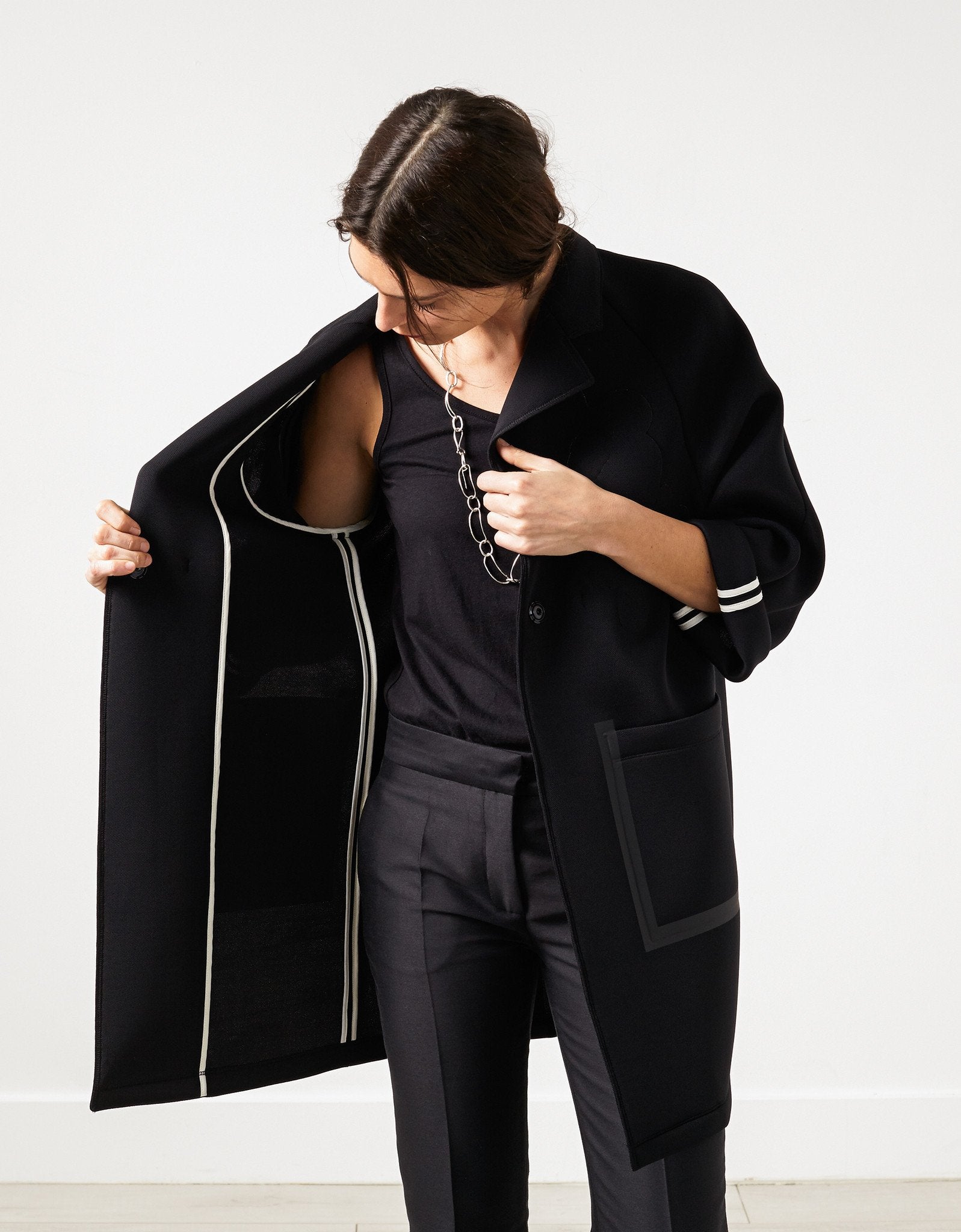 Neoprene Flower Coat in Black|women's coats & jackets[option1]|[option2]|[option3] - hello