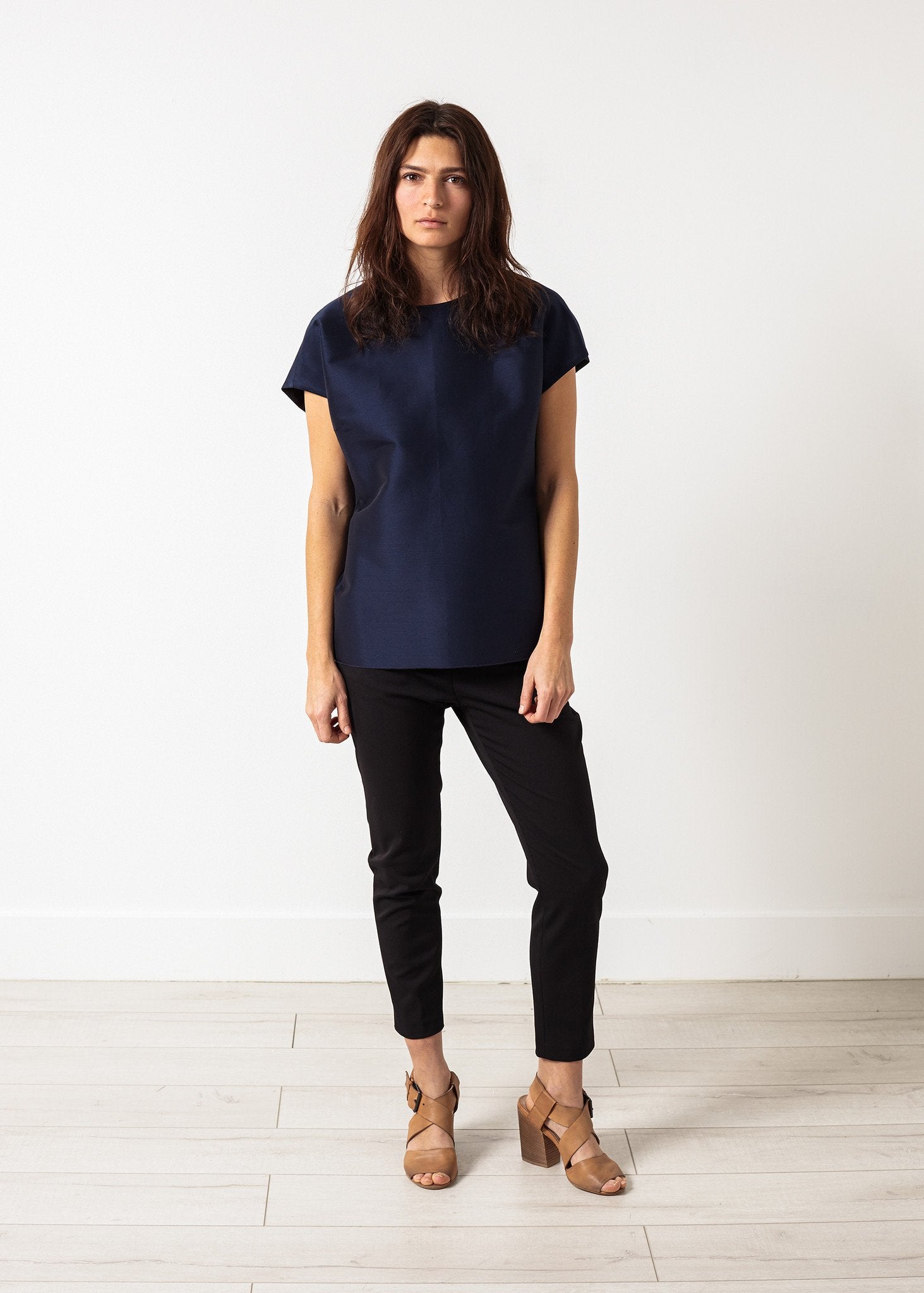 Tucked Sleeve Blouse in Navy|women's tops[option1]|[option2]|[option3] - hello
