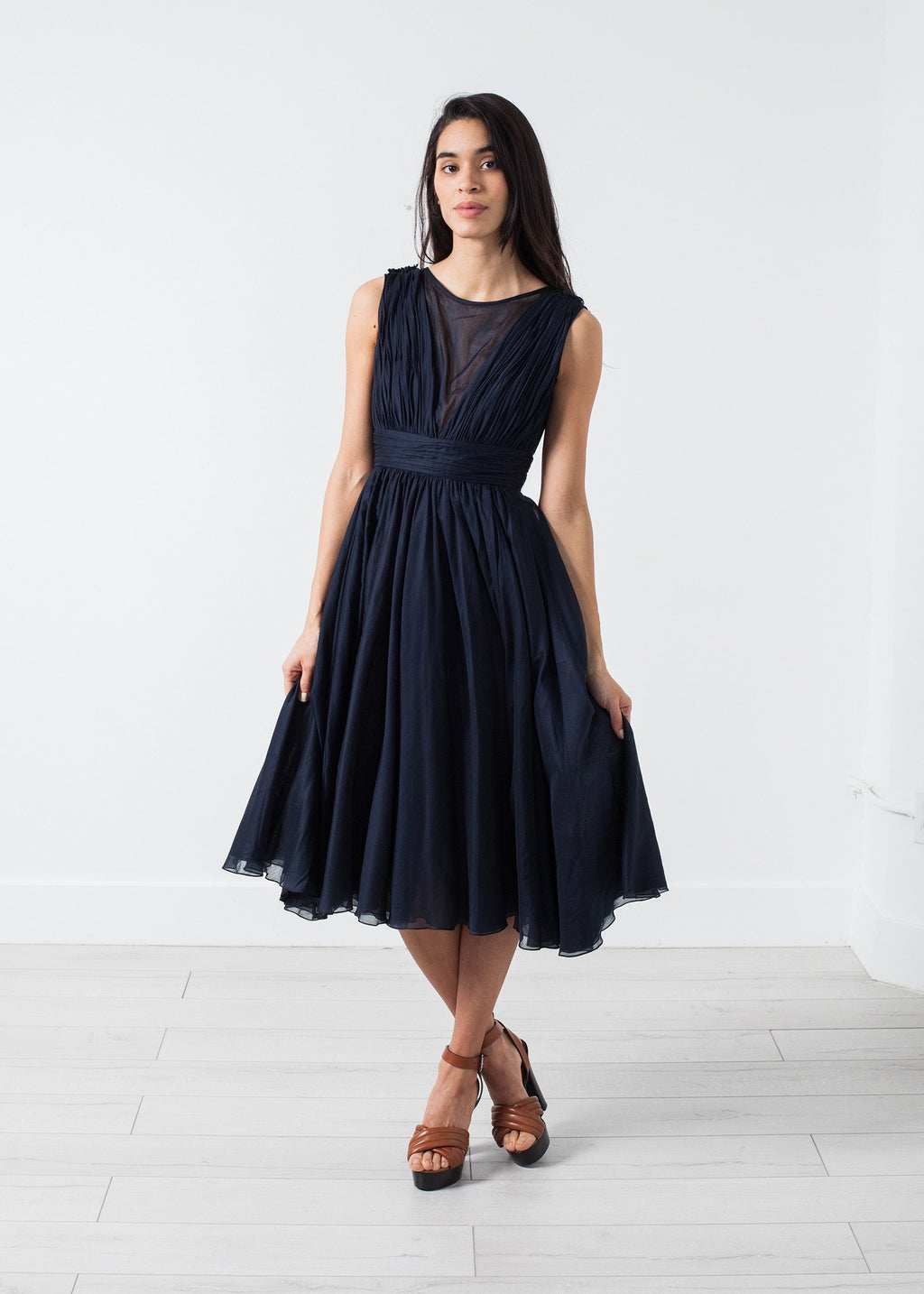 Voile V-Neck Dress in Navy|women's dresses[option1]|[option2]|[option3] - hello