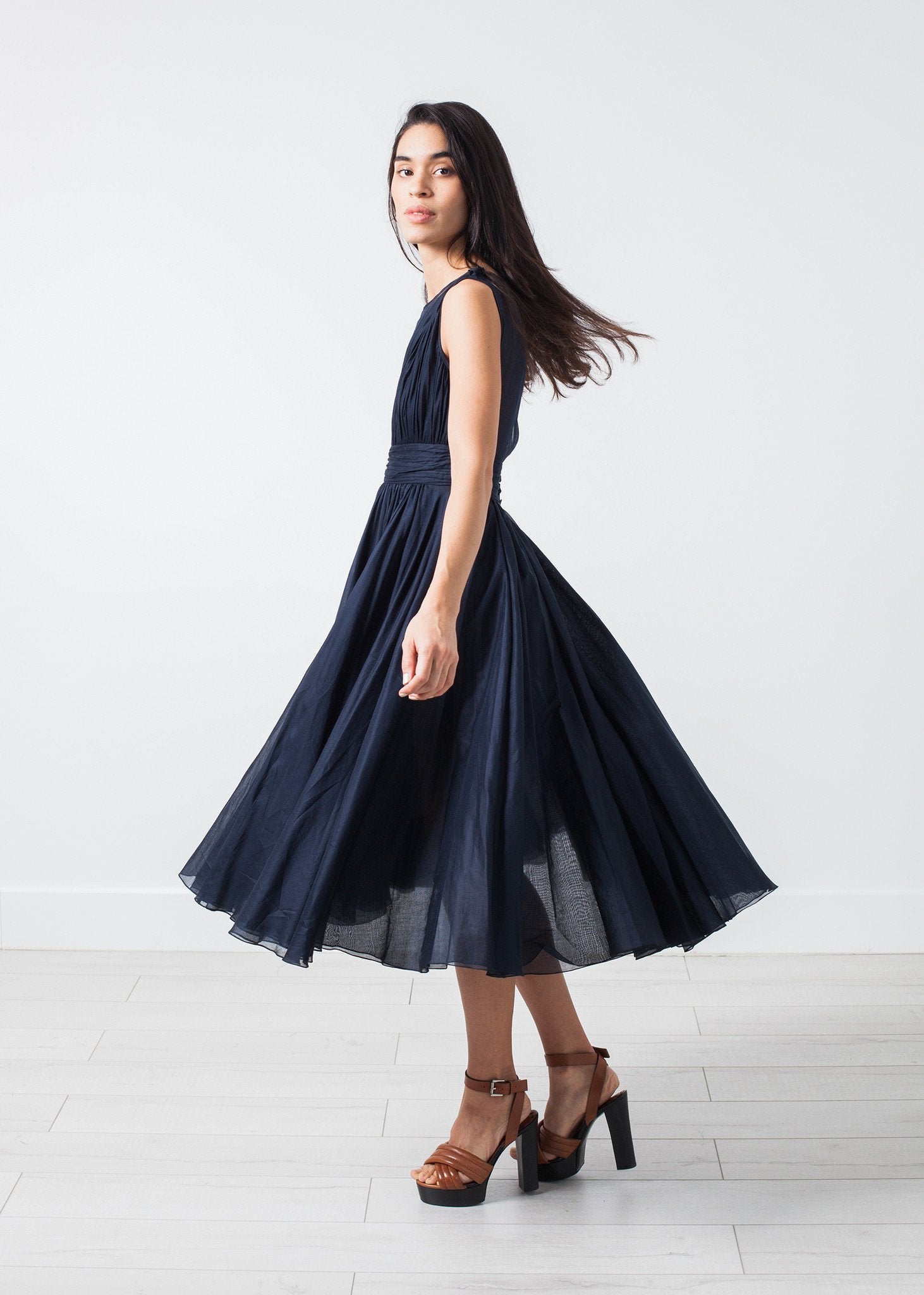 Voile V-Neck Dress in Navy|women's dresses[option1]|[option2]|[option3] - hello