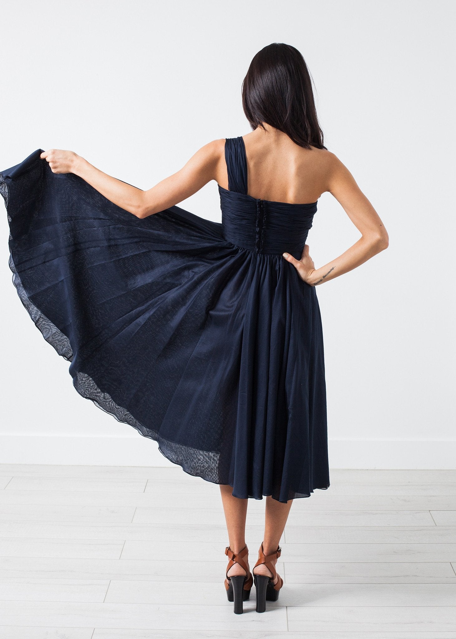 One Shoulder Dress in Navy|women's dresses[option1]|[option2]|[option3] - hello