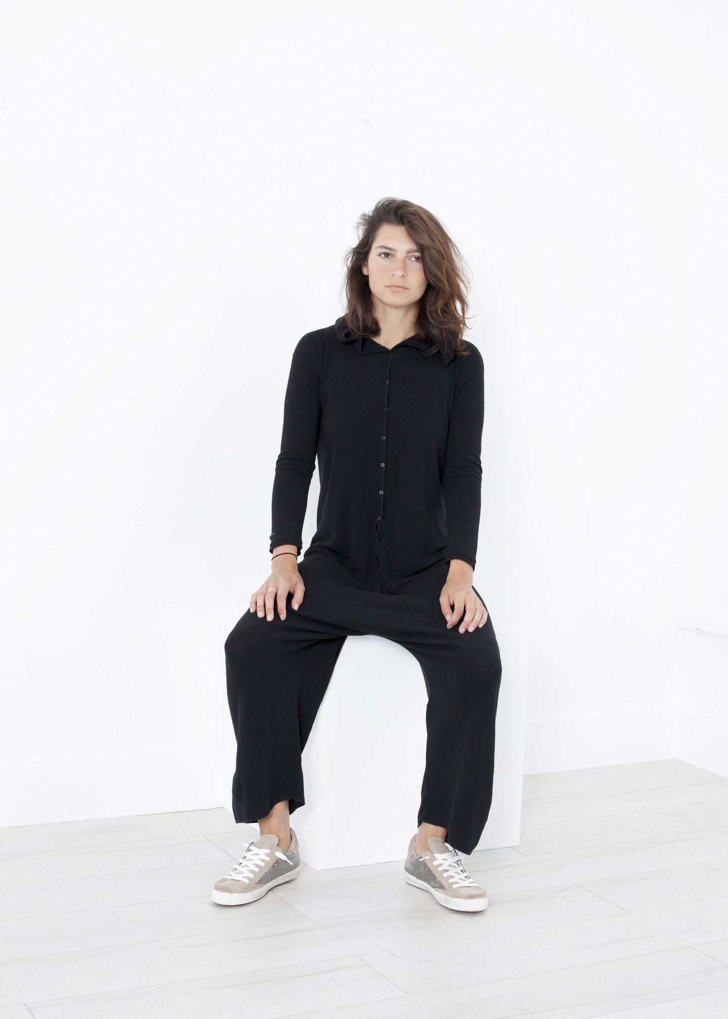 Knit Hooded Jumpsuit in Black|women's jumpsuits[option1]|[option2]|[option3] - hello