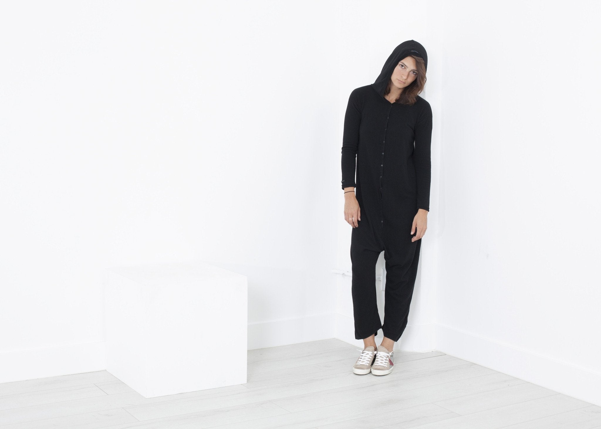 Knit Hooded Jumpsuit in Black|women's jumpsuits[option1]|[option2]|[option3] - hello
