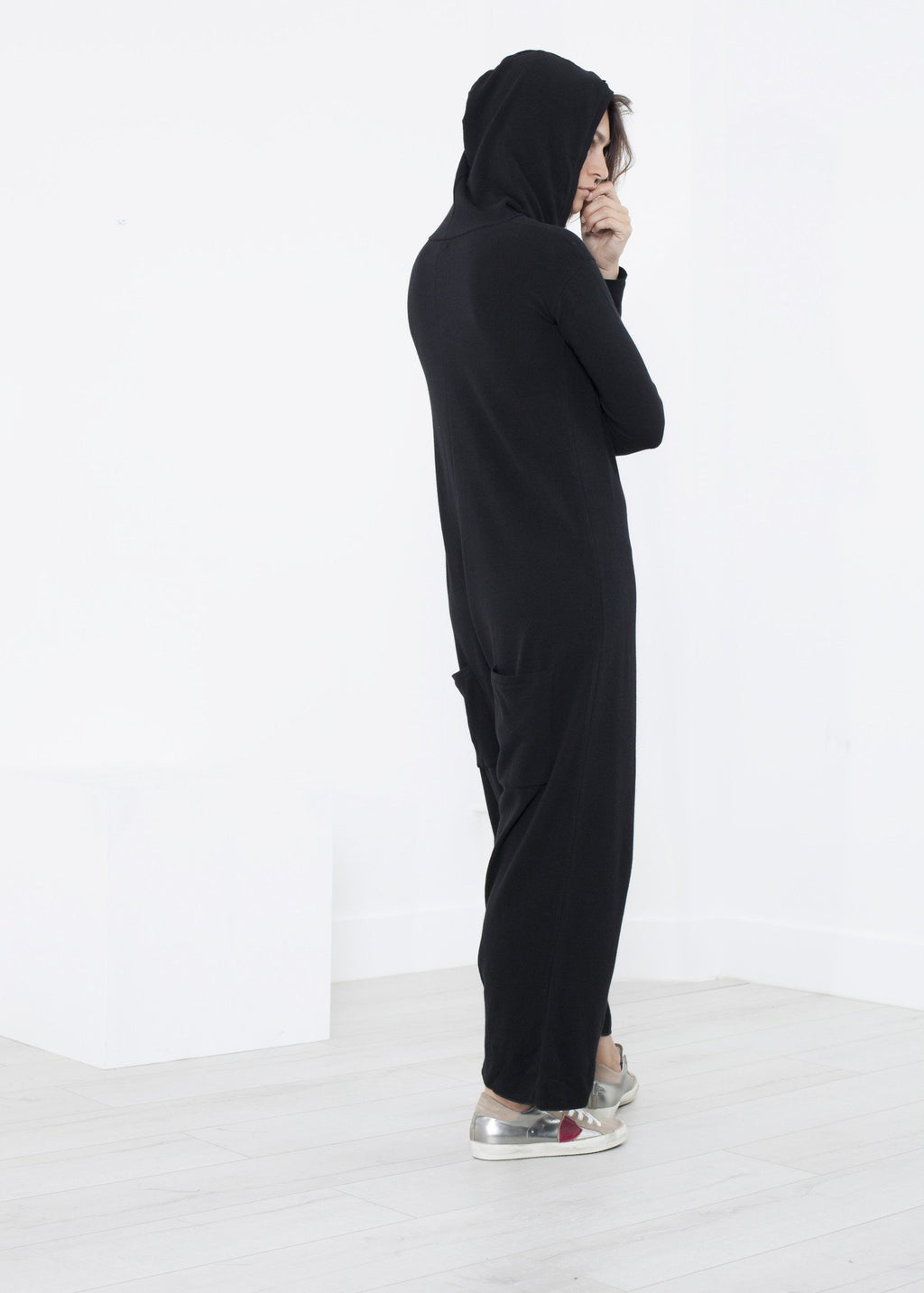 Knit Hooded Jumpsuit in Black|women's jumpsuits[option1]|[option2]|[option3] - hello