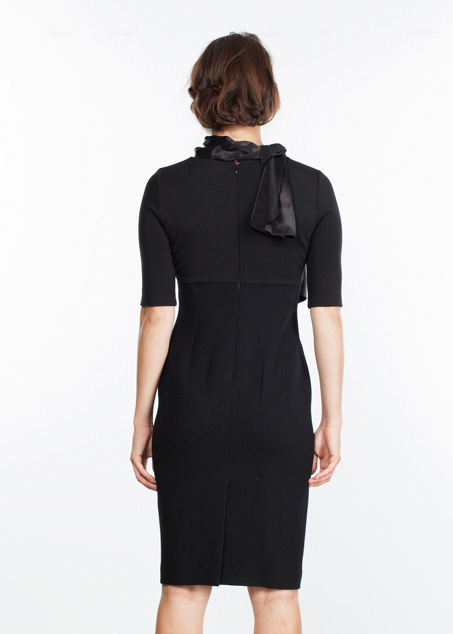 Tie Neck Wool Dress in Black|women's dresses[option1]|[option2]|[option3] - hello