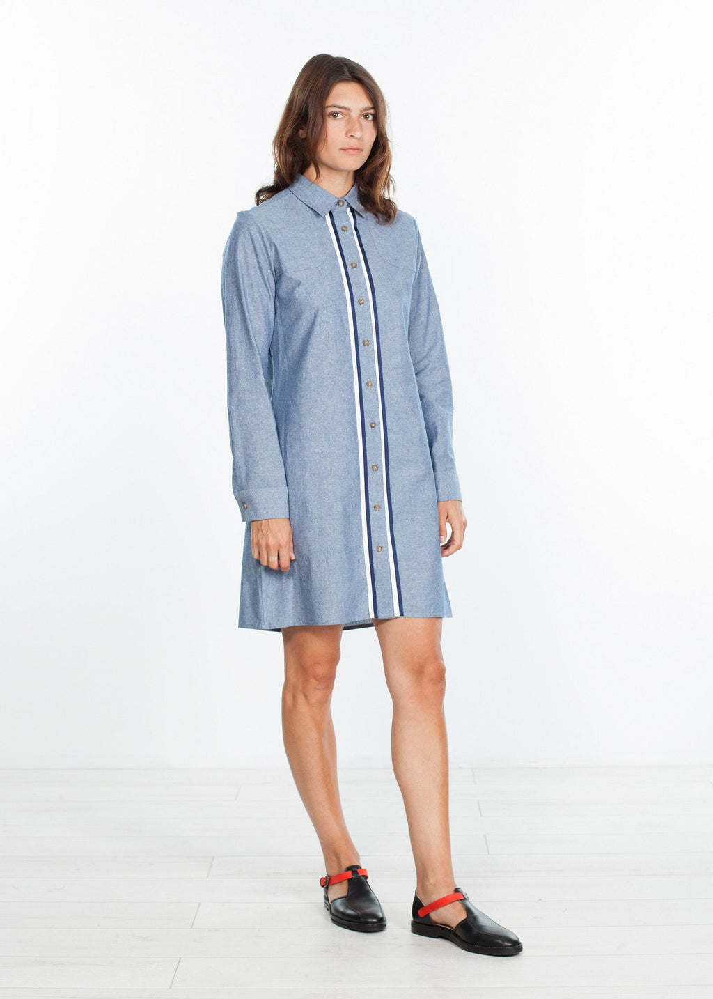 Chambray Shirtdress in Blue|women's dresses[option1]|[option2]|[option3] - hello