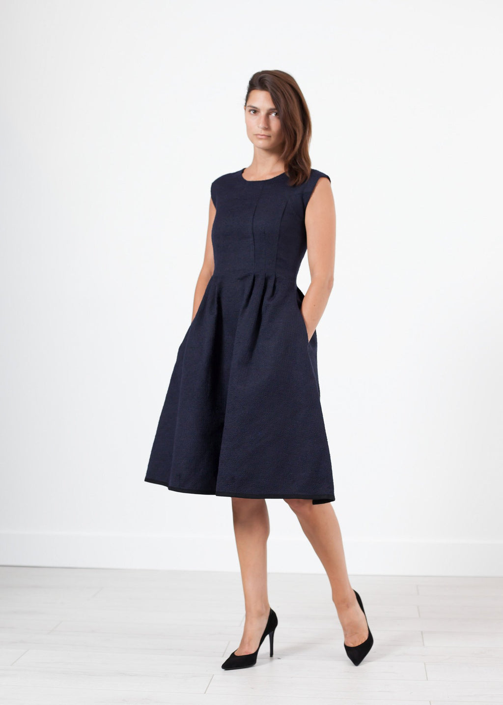 Pleated Rita Dress in Dark Navy|women's dresses[option1]|[option2]|[option3] - hello