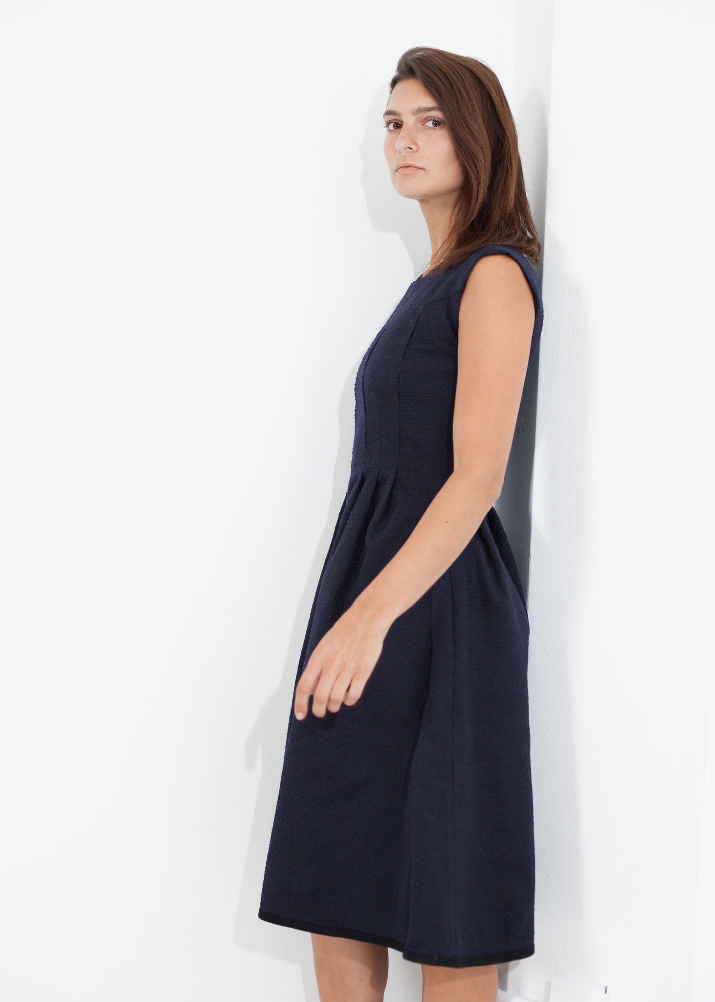 Pleated Rita Dress in Dark Navy|women's dresses[option1]|[option2]|[option3] - hello