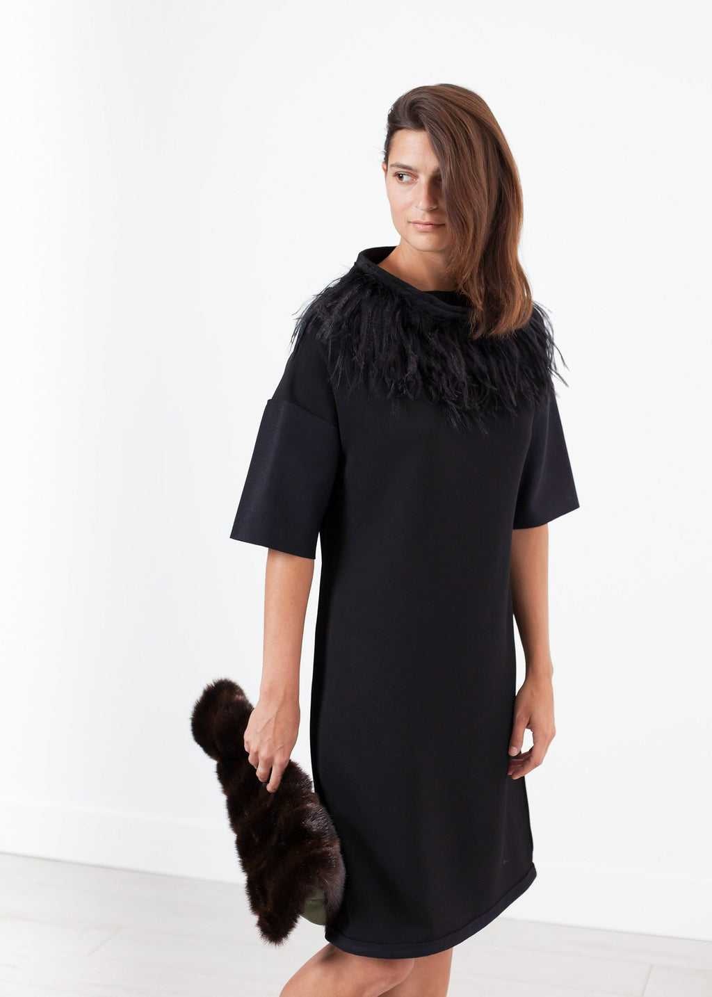 Ostrich Plume Dress in Black|women's coats & jackets[option1]|[option2]|[option3] - hello