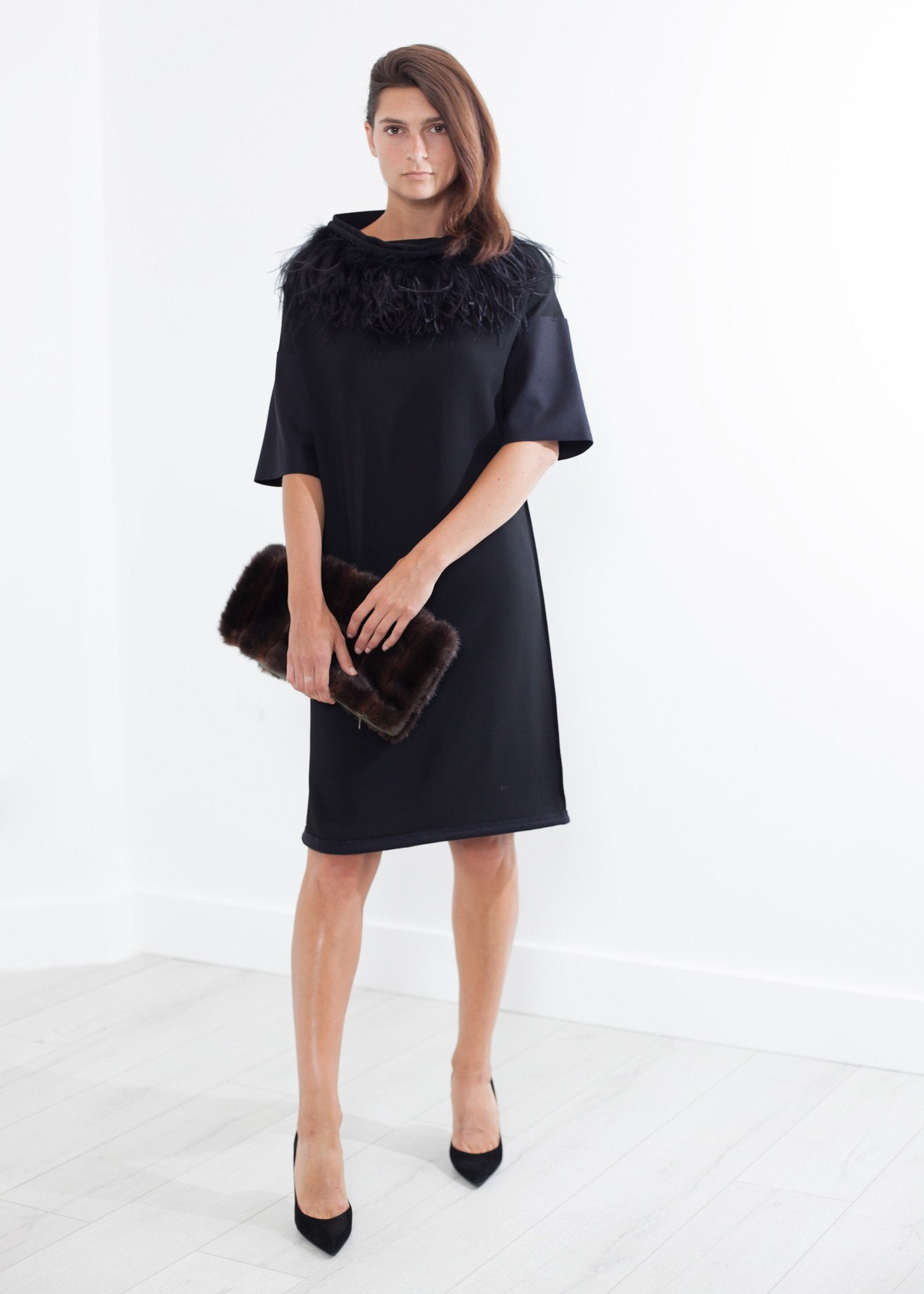 Ostrich Plume Dress in Black|women's coats & jackets[option1]|[option2]|[option3] - hello