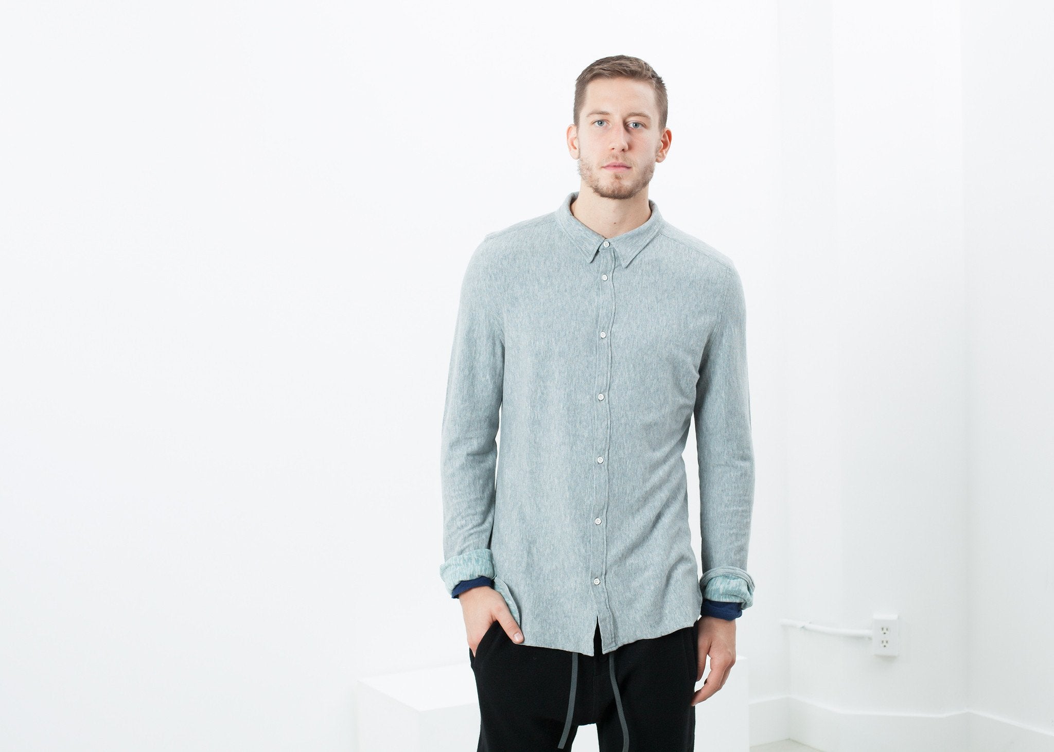 Kasuri Jersey Button-Up in Blue Grey|men's button-ups[option1]|[option2]|[option3] - hello
