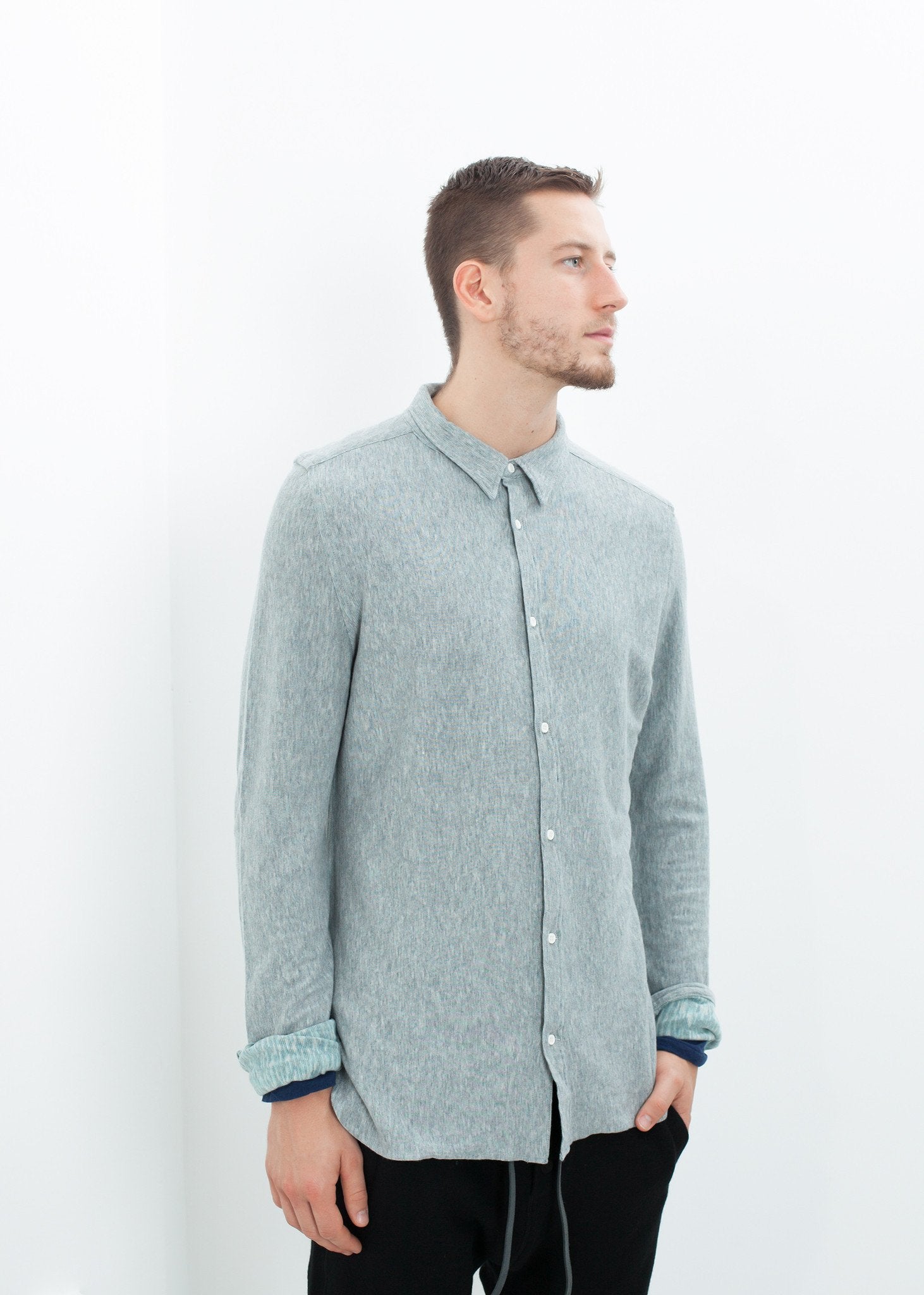 Kasuri Jersey Button-Up in Blue Grey|men's button-ups[option1]|[option2]|[option3] - hello