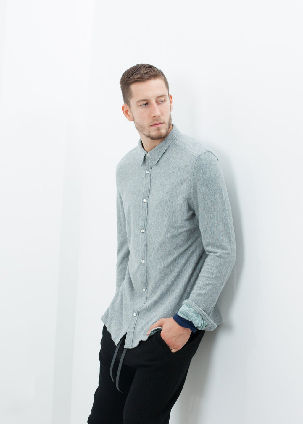 Kasuri Jersey Button-Up in Blue Grey|men's button-ups[option1]|[option2]|[option3] - hello