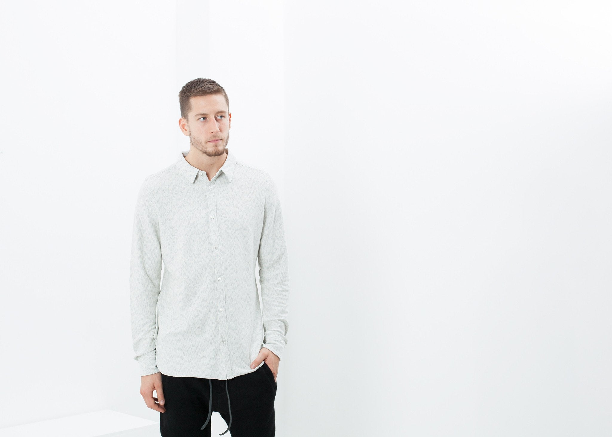 Kasuri Jersey Button-Up in Ivory/Black|men's button-ups[option1]|[option2]|[option3] - hello