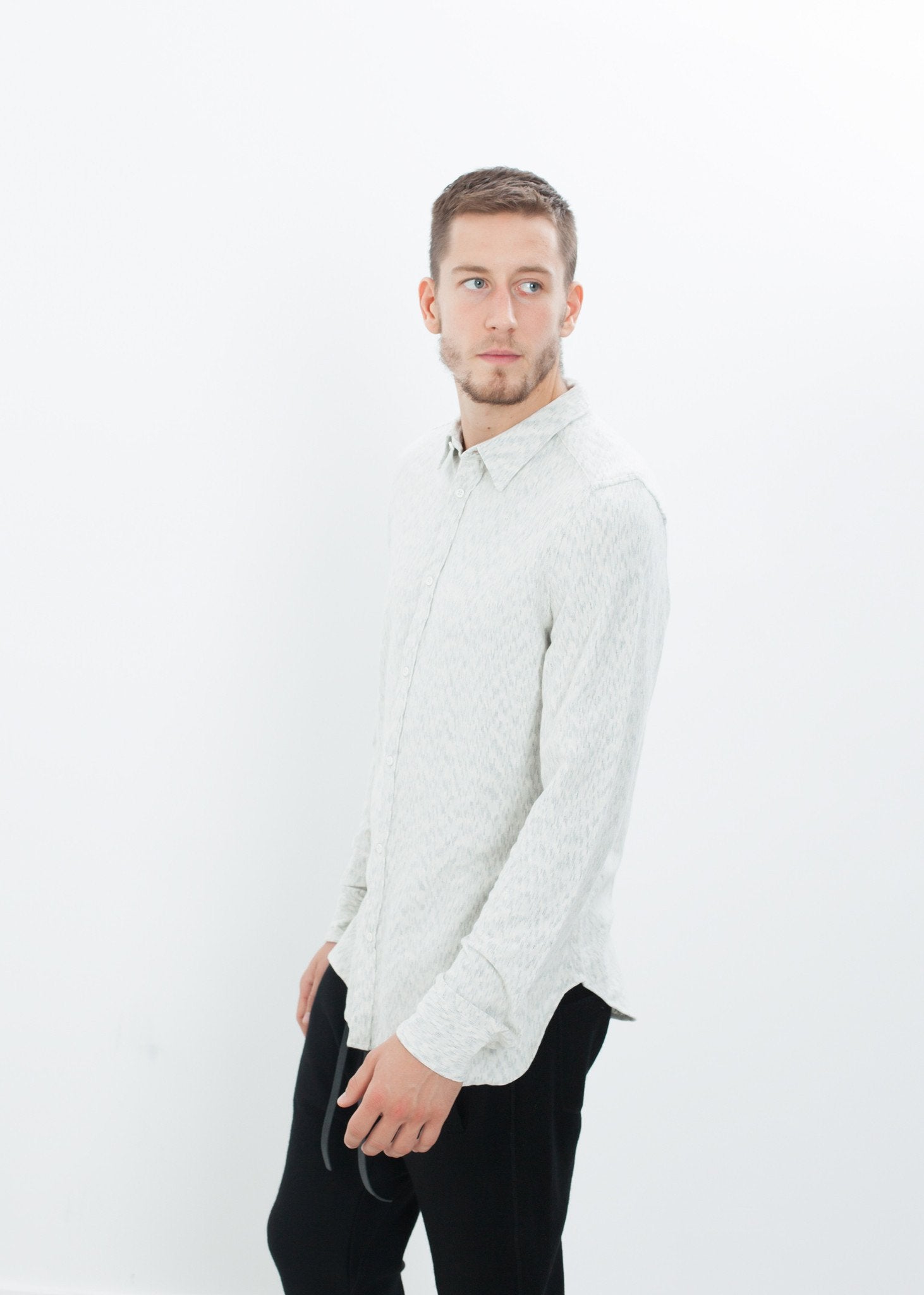 Kasuri Jersey Button-Up in Ivory/Black|men's button-ups[option1]|[option2]|[option3] - hello