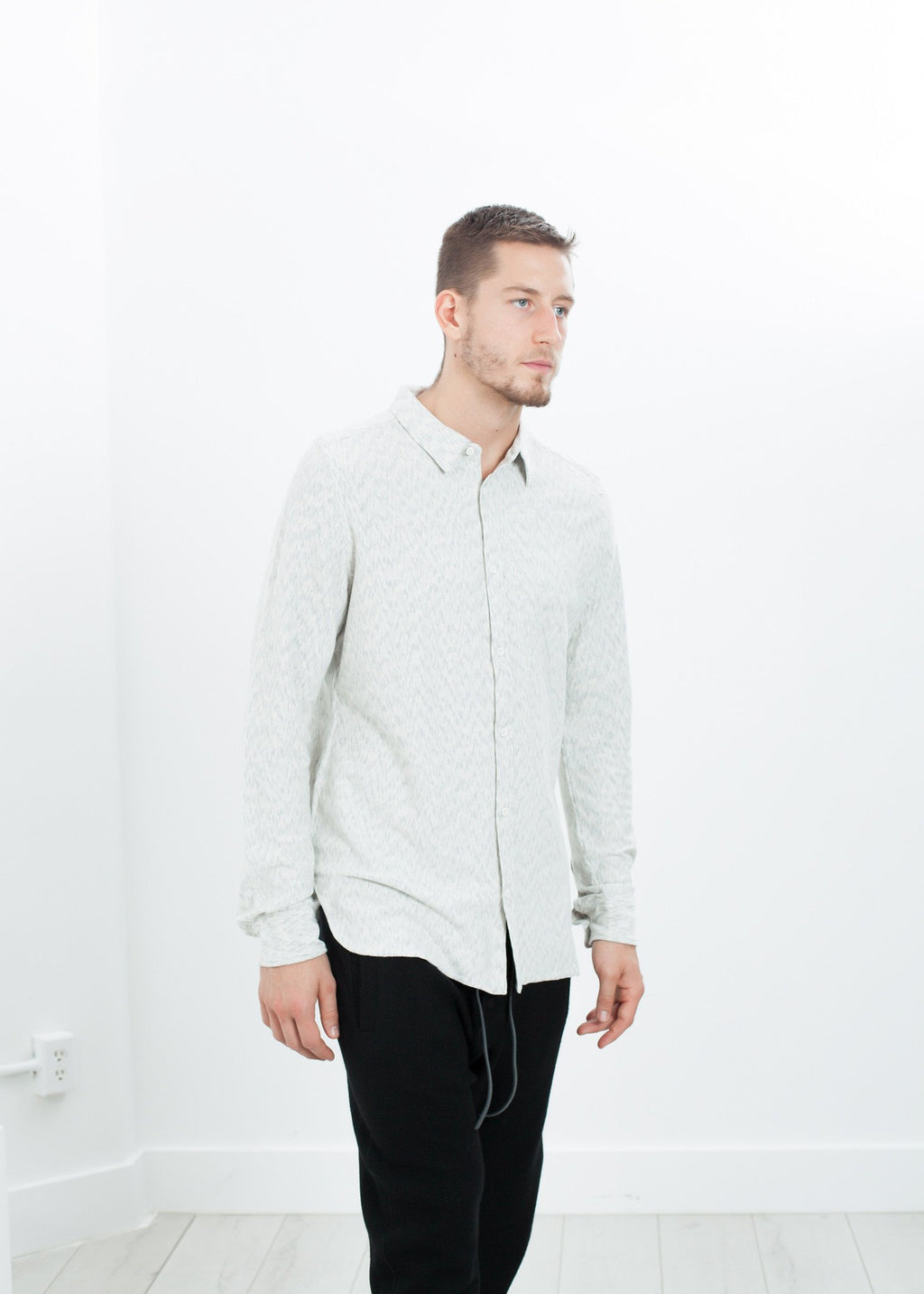 Kasuri Jersey Button-Up in Ivory/Black|men's button-ups[option1]|[option2]|[option3] - hello