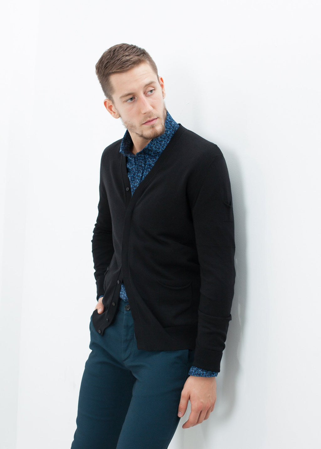 Hidden Placket Cardigan in Black|men's knitwear[option1]|[option2]|[option3] - hello