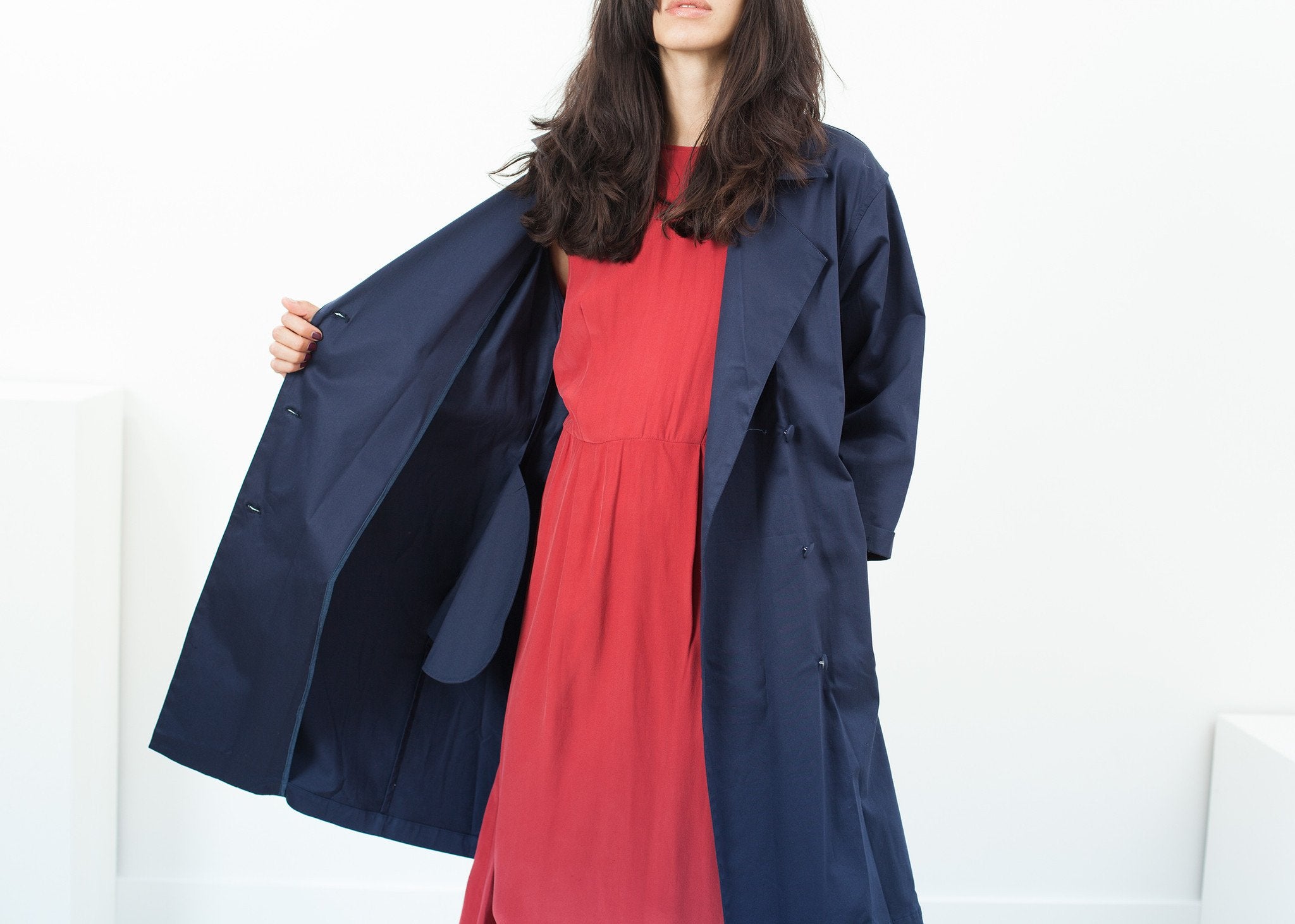 Sateen Trench in Navy|women's coats & jackets[option1]|[option2]|[option3] - hello