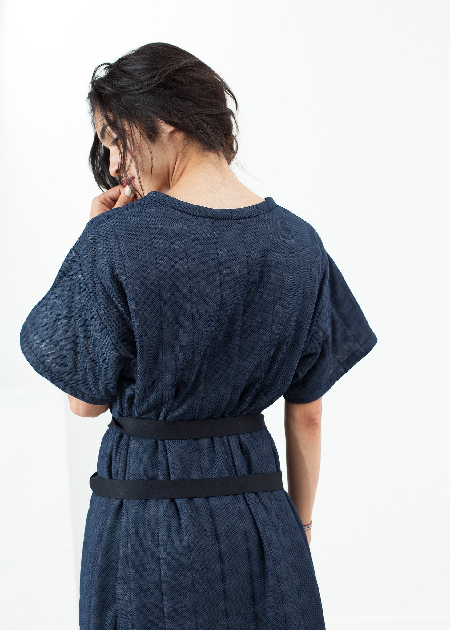 Quilted Mesh T-Shirt Dress in Navy|women's dresses[option1]|[option2]|[option3] - hello