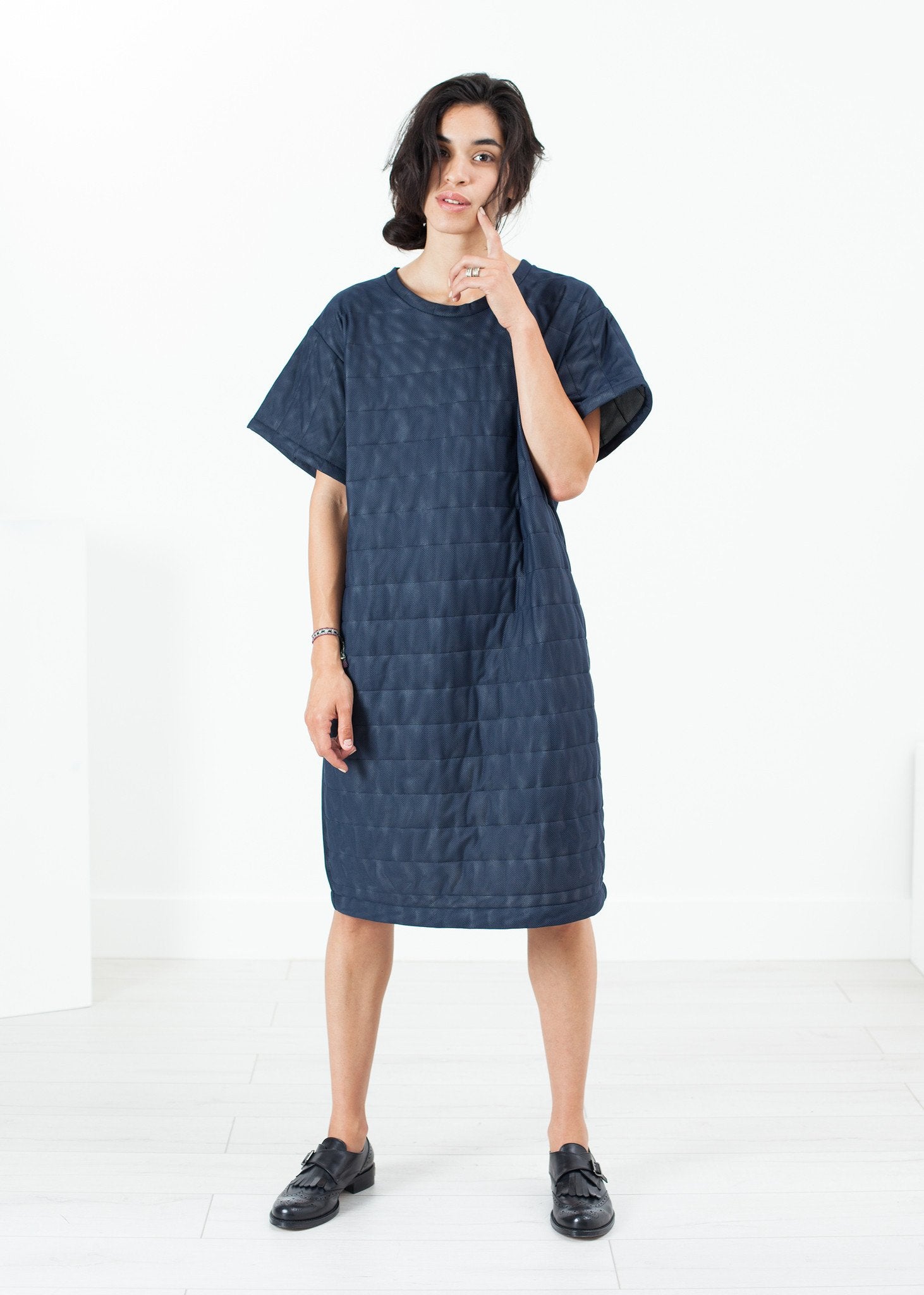 Quilted Mesh T-Shirt Dress in Navy|women's dresses[option1]|[option2]|[option3] - hello