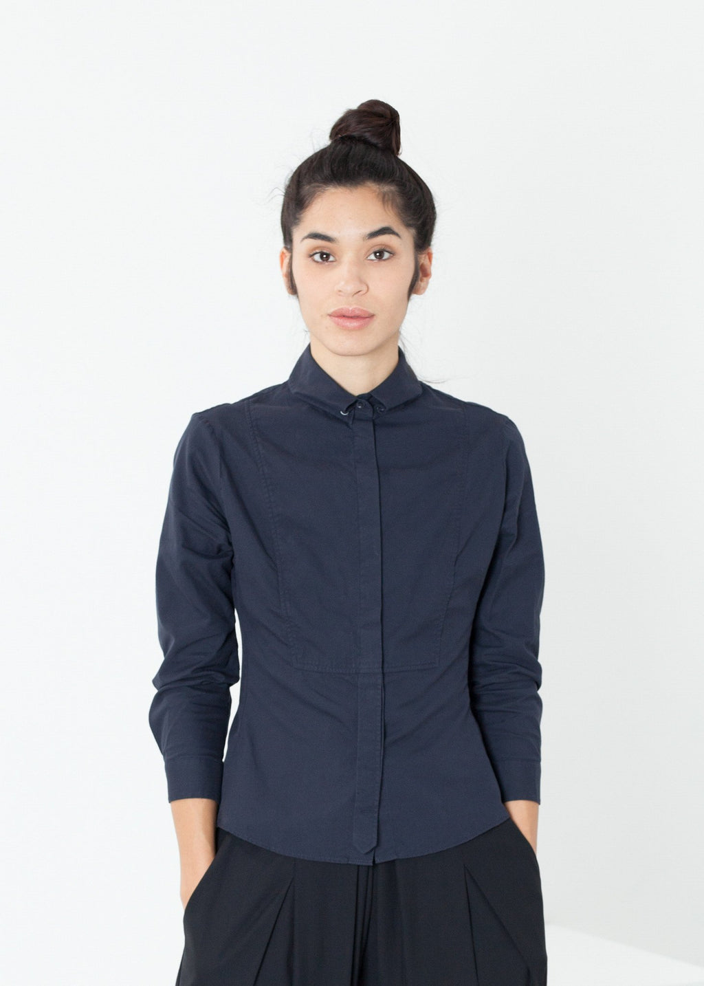 Wrinkled Tux Shirt in Navy|women's button-ups[option1]|[option2]|[option3] - hello
