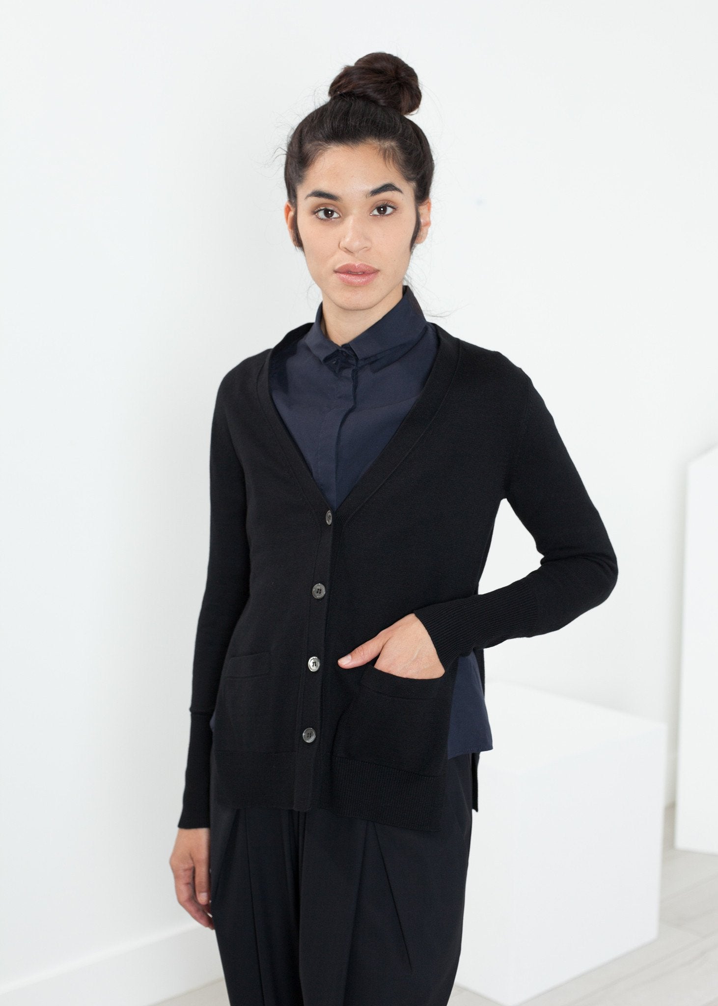 Square Cardigan in Black|women's knitwear[option1]|[option2]|[option3] - hello