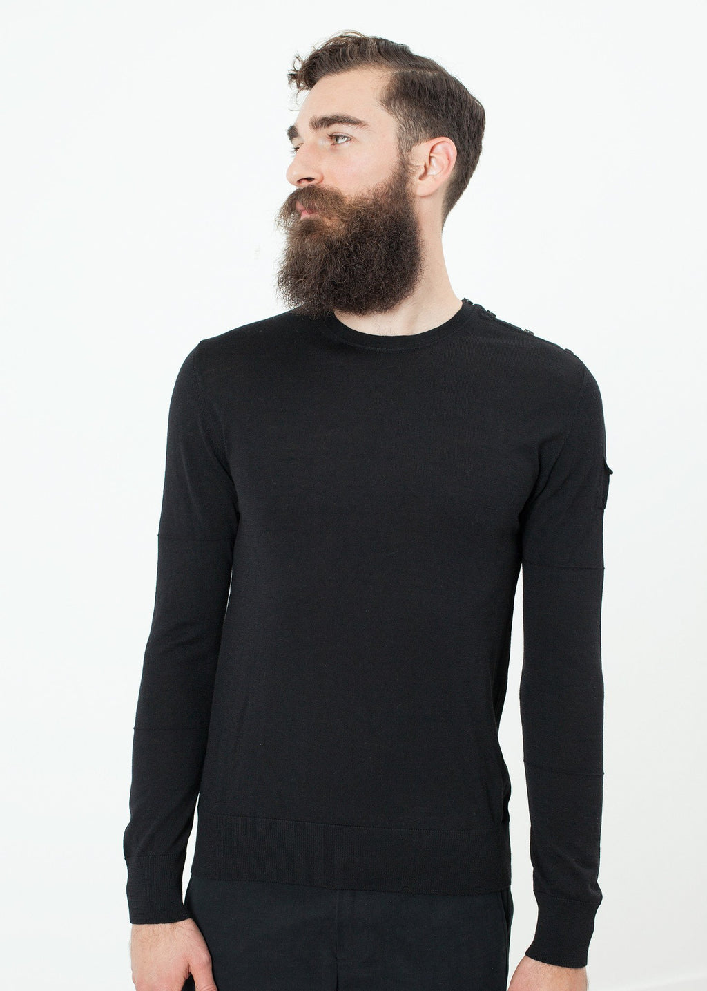Button Shoulder Pullover in Black|men's knitwear[option1]|[option2]|[option3] - hello
