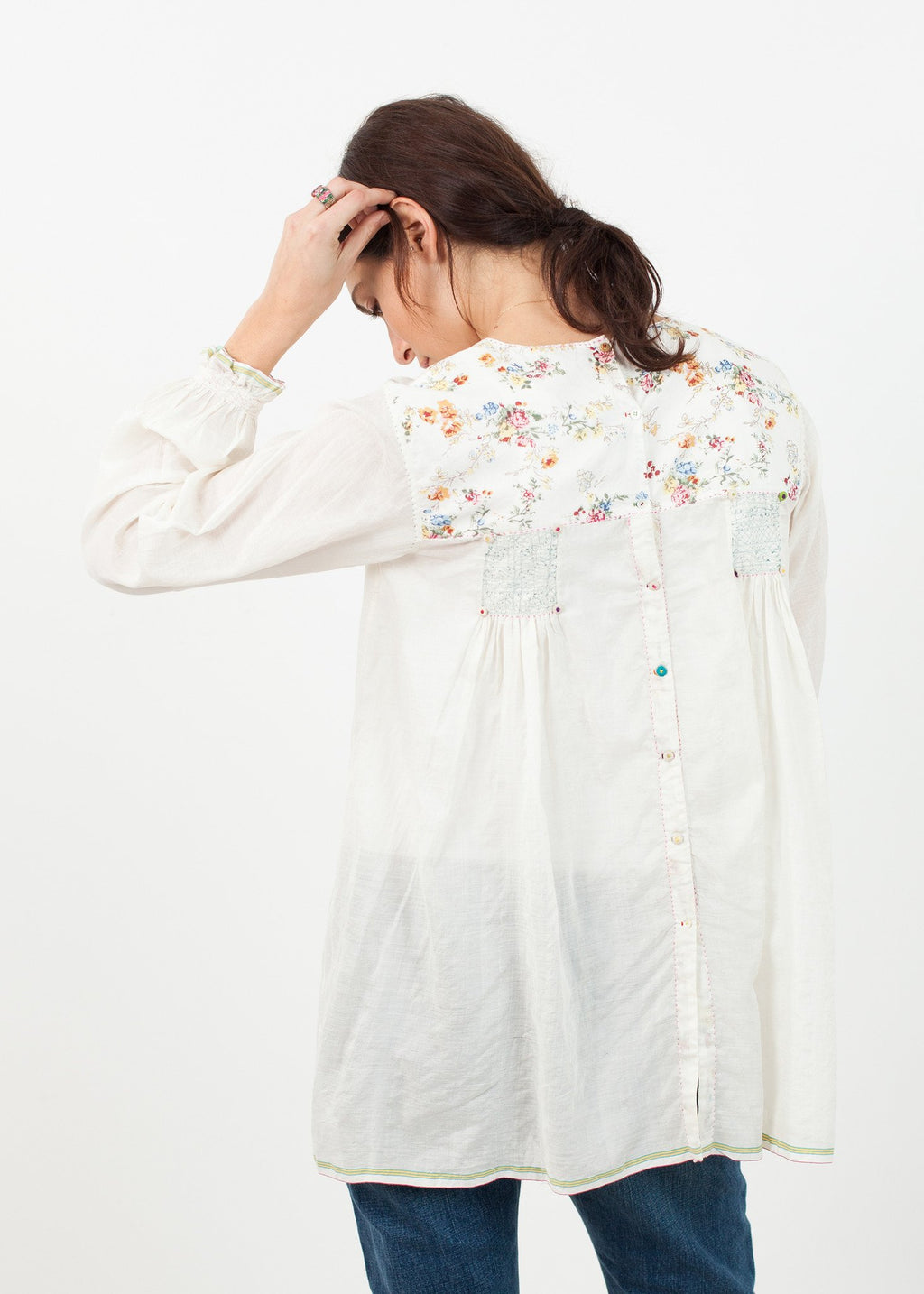 Floral Front Peasant Blouse in White|women's tops[option1]|[option2]|[option3] - hello