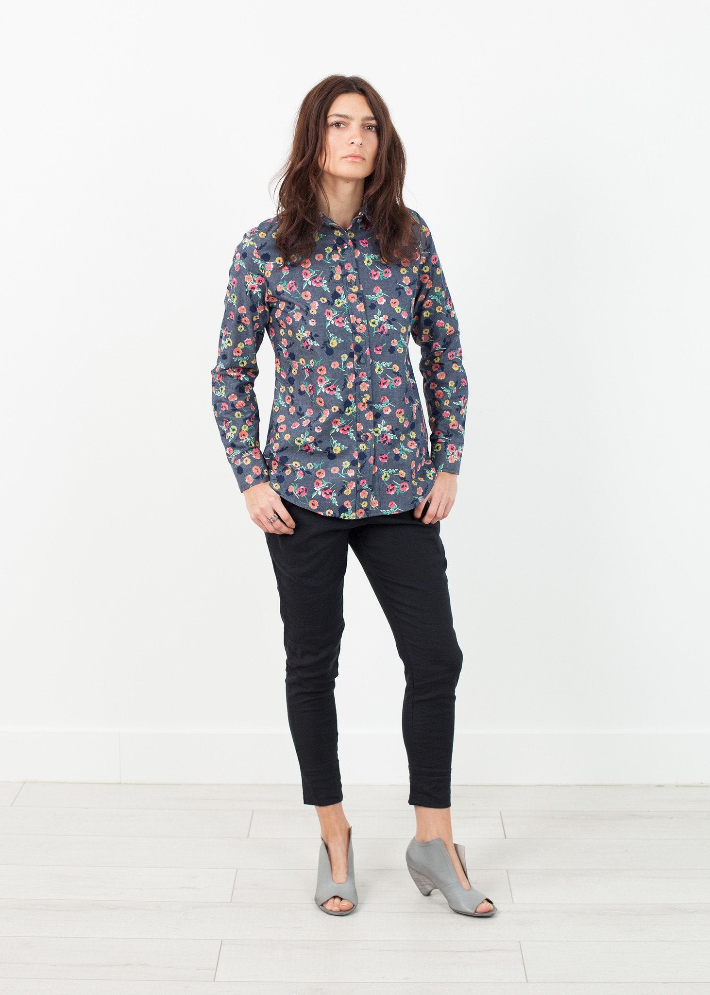 Long Sleeve Blouse in Black/Floral|women's button-ups[option1]|[option2]|[option3] - hello