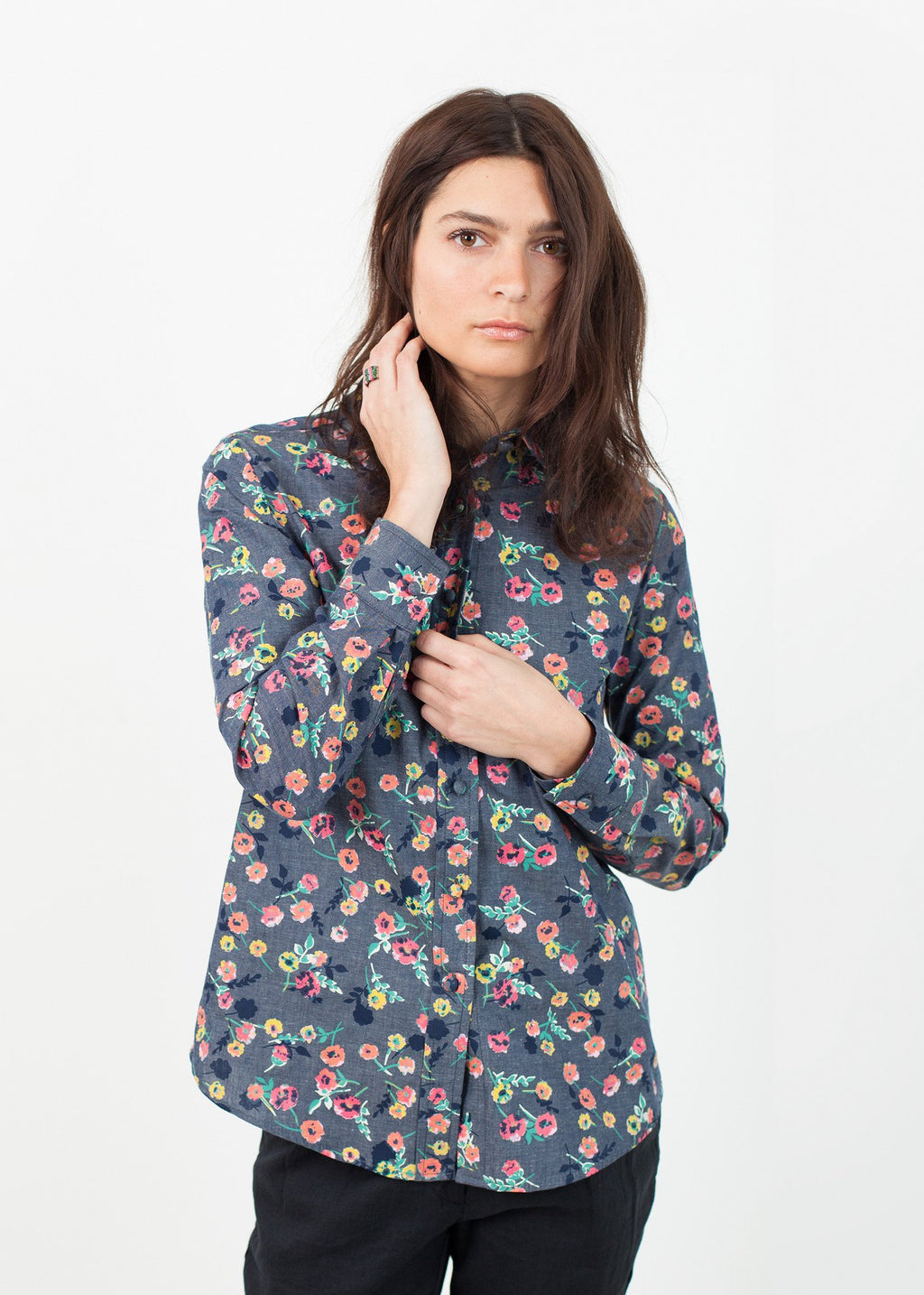 Long Sleeve Blouse in Black/Floral|women's button-ups[option1]|[option2]|[option3] - hello