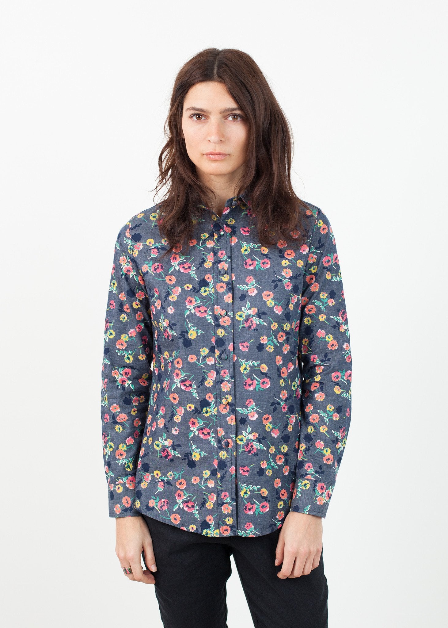 Long Sleeve Blouse in Black/Floral|women's button-ups[option1]|[option2]|[option3] - hello
