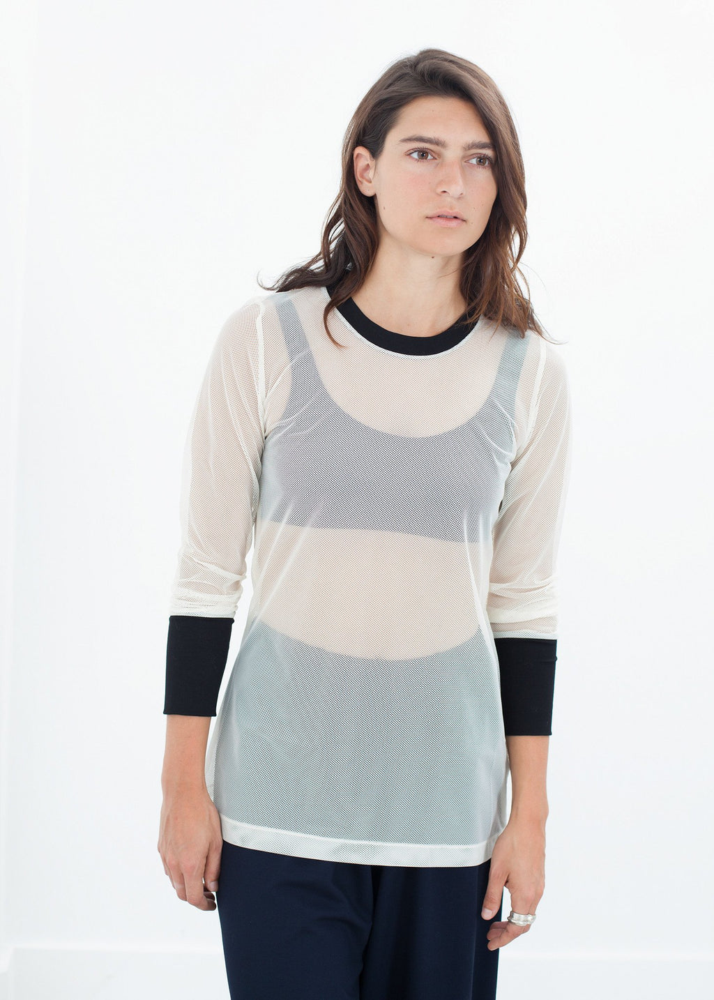 Cuffed Mesh Tee in Cream/Black|women's tops[option1]|[option2]|[option3] - hello