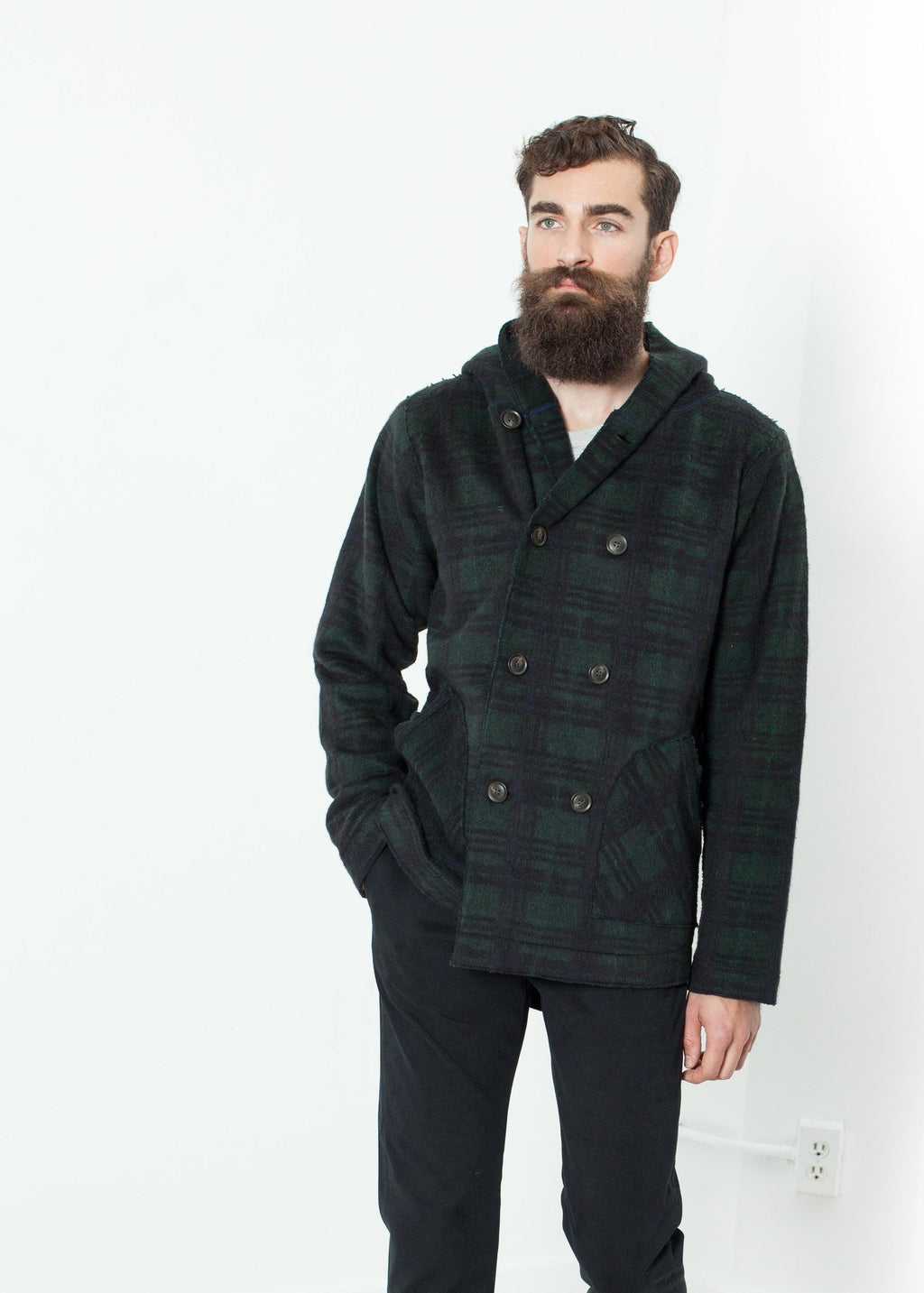 Double Breasted Hoodie in Forest Plaid|men's coats & jackets[option1]|[option2]|[option3] - hello