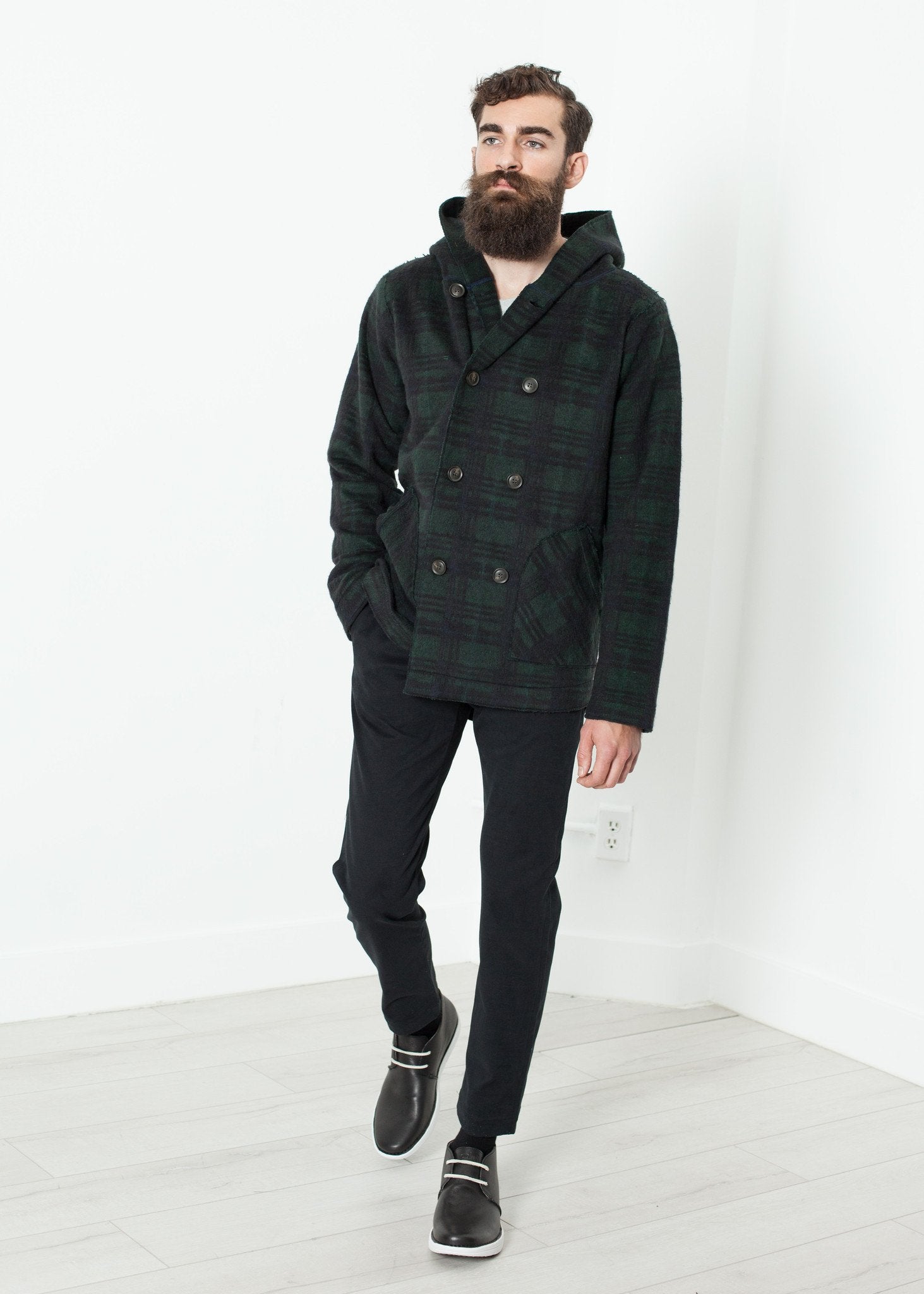 Double Breasted Hoodie in Forest Plaid|men's coats & jackets[option1]|[option2]|[option3] - hello