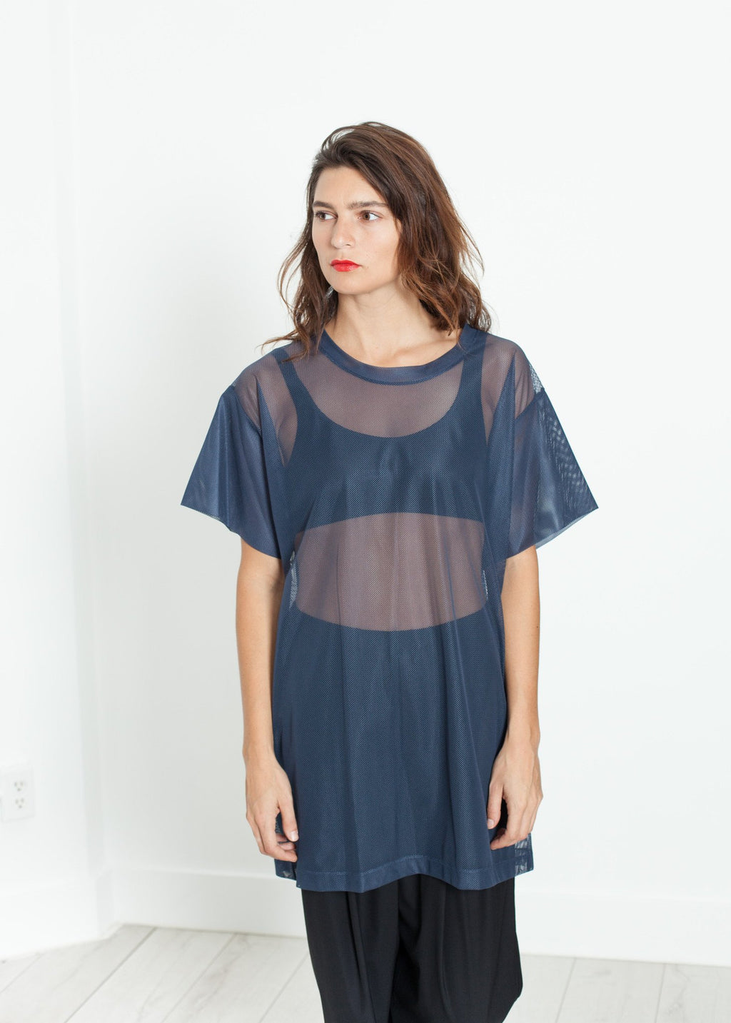 Mesh Over Tee in Navy|women's tops[option1]|[option2]|[option3] - hello