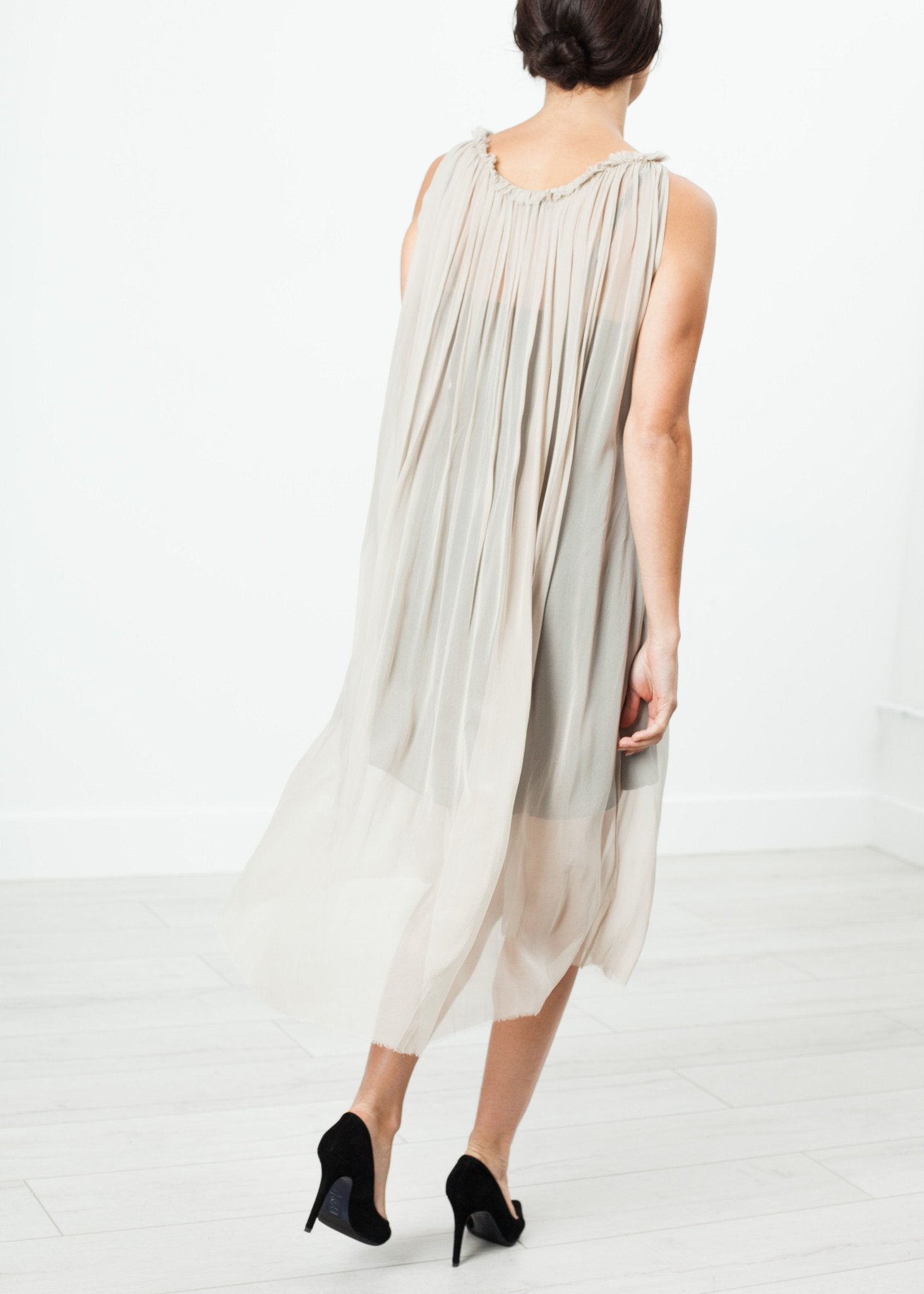 Chiffon Cape Back Dress in Sand|women's dresses[option1]|[option2]|[option3] - hello