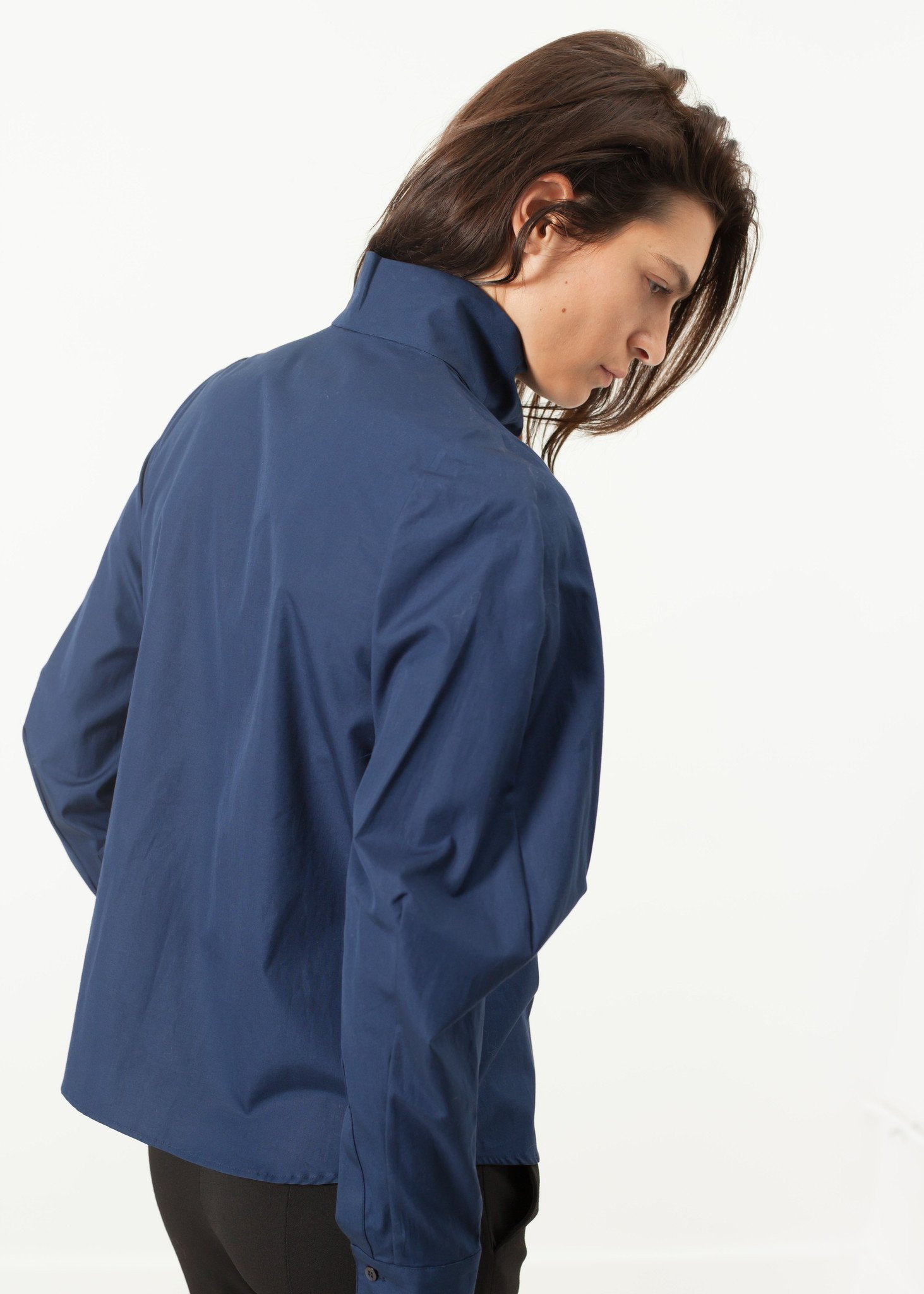 Full Collar Poplin Blouse in Navy|women's tops[option1]|[option2]|[option3] - hello