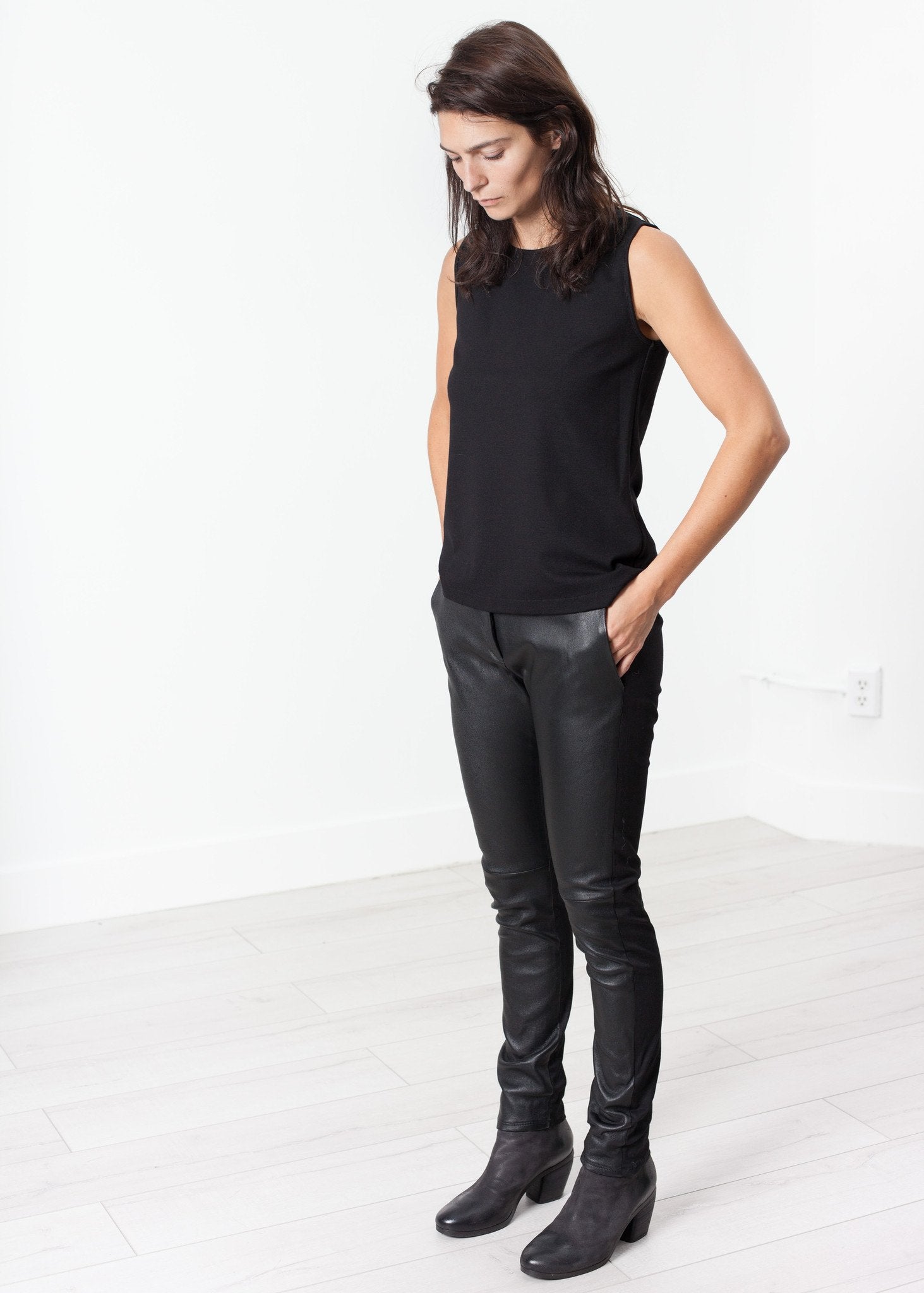 Leather Panel Trouser in Black|women's pants[option1]|[option2]|[option3] - hello