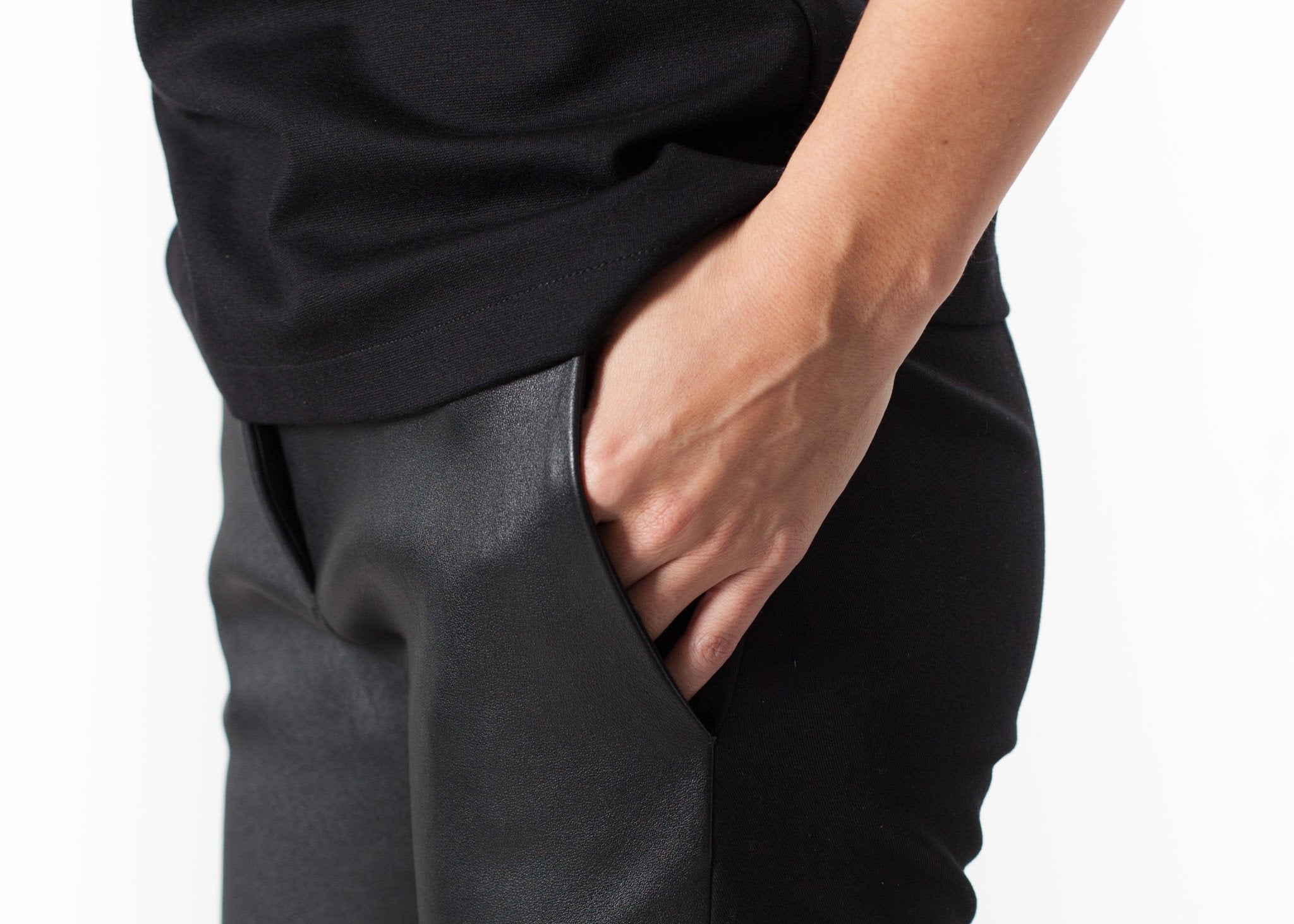 Leather Panel Trouser in Black|women's pants[option1]|[option2]|[option3] - hello