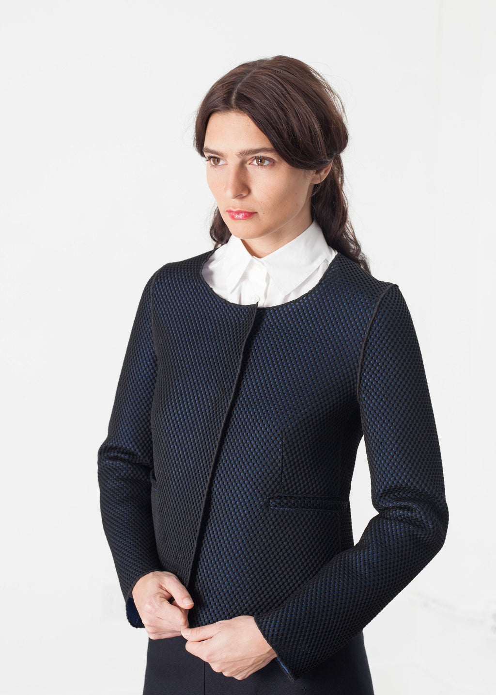 Weave Jacket in Black/Blue|women's coats & jackets[option1]|[option2]|[option3] - hello