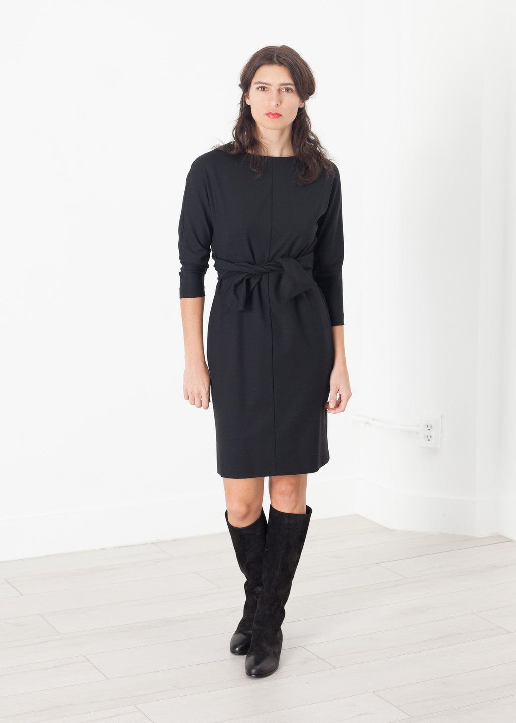 Tie Waist Dress in Black|women's dresses[option1]|[option2]|[option3] - hello