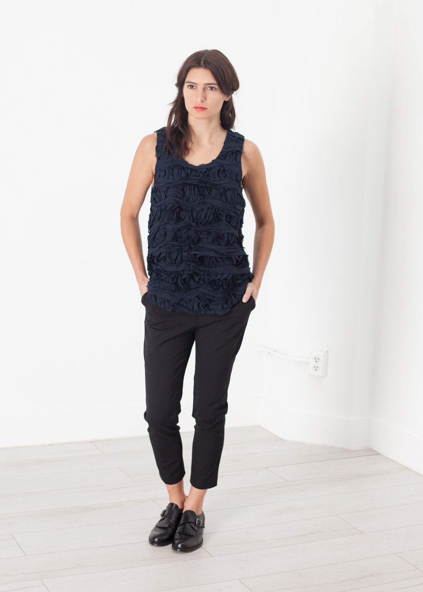 Ruffled Tank Top in Navy|women's tops[option1]|[option2]|[option3] - hello