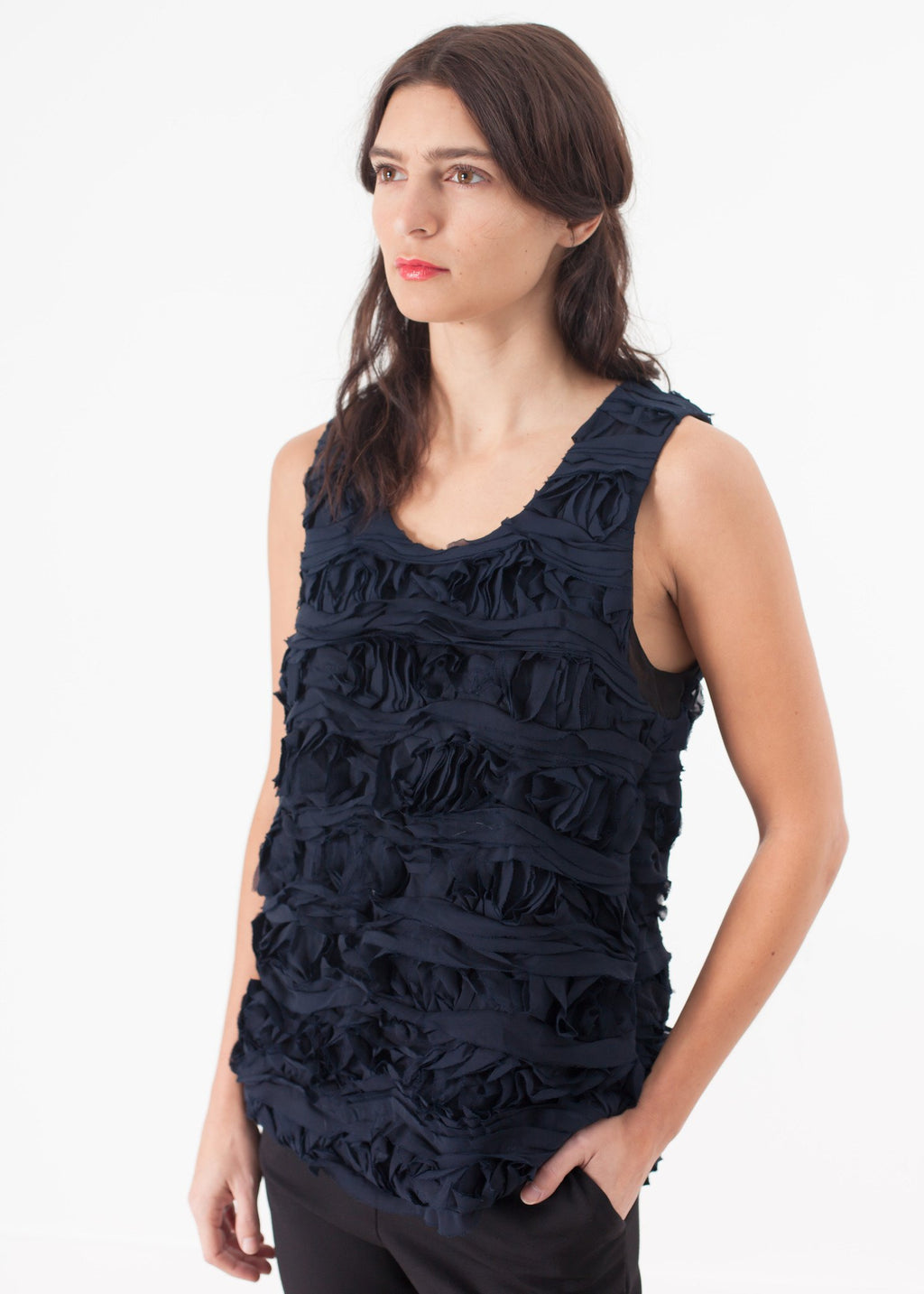Ruffled Tank Top in Navy|women's tops[option1]|[option2]|[option3] - hello
