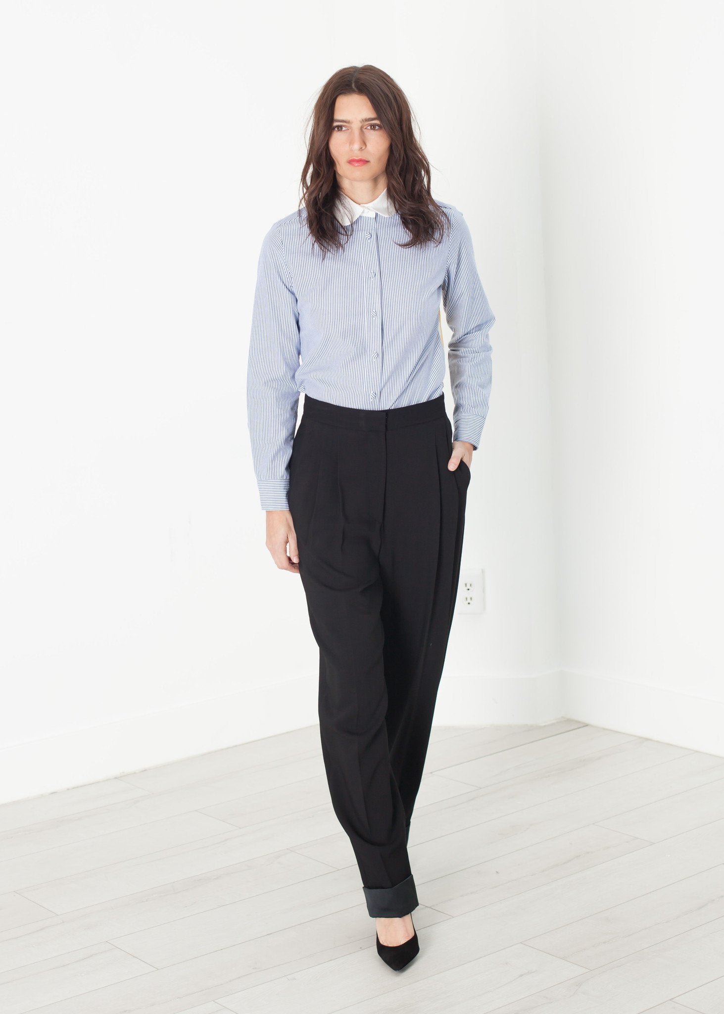 Longsleeve Blouse in Blue Stripe|women's button-ups[option1]|[option2]|[option3] - hello