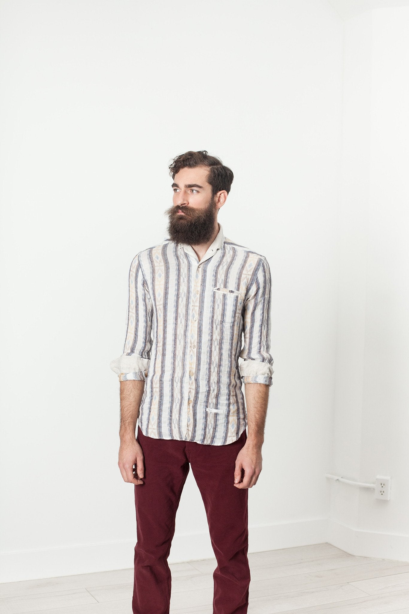 Linen Western Shirt in Beige/Blue|men's button-ups[option1]|[option2]|[option3] - hello