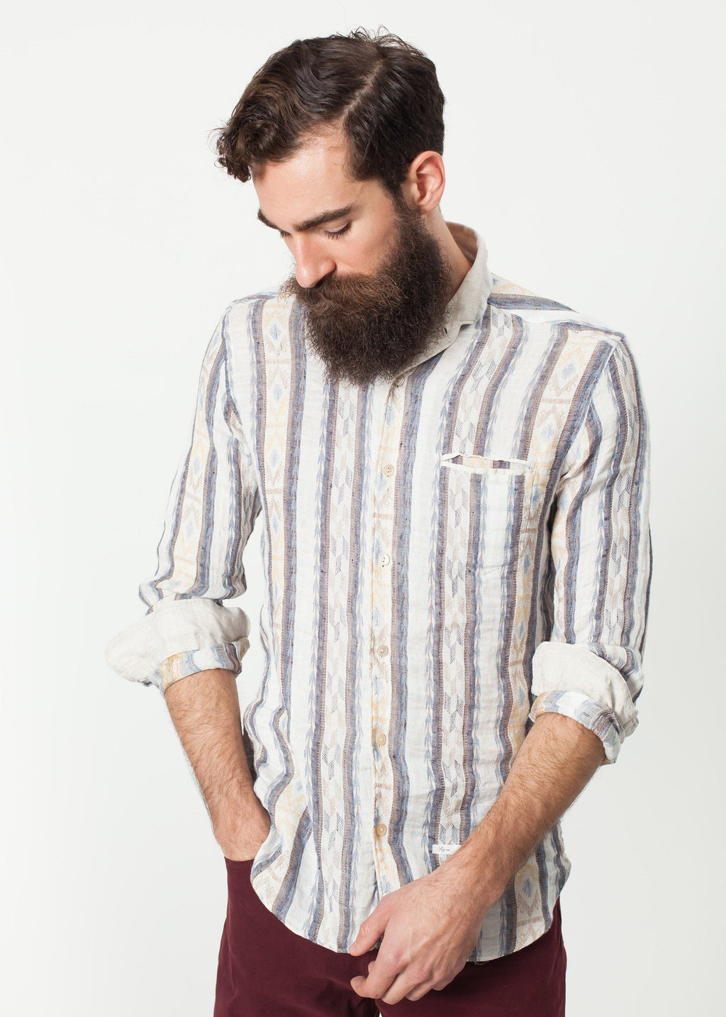 Linen Western Shirt in Beige/Blue|men's button-ups[option1]|[option2]|[option3] - hello