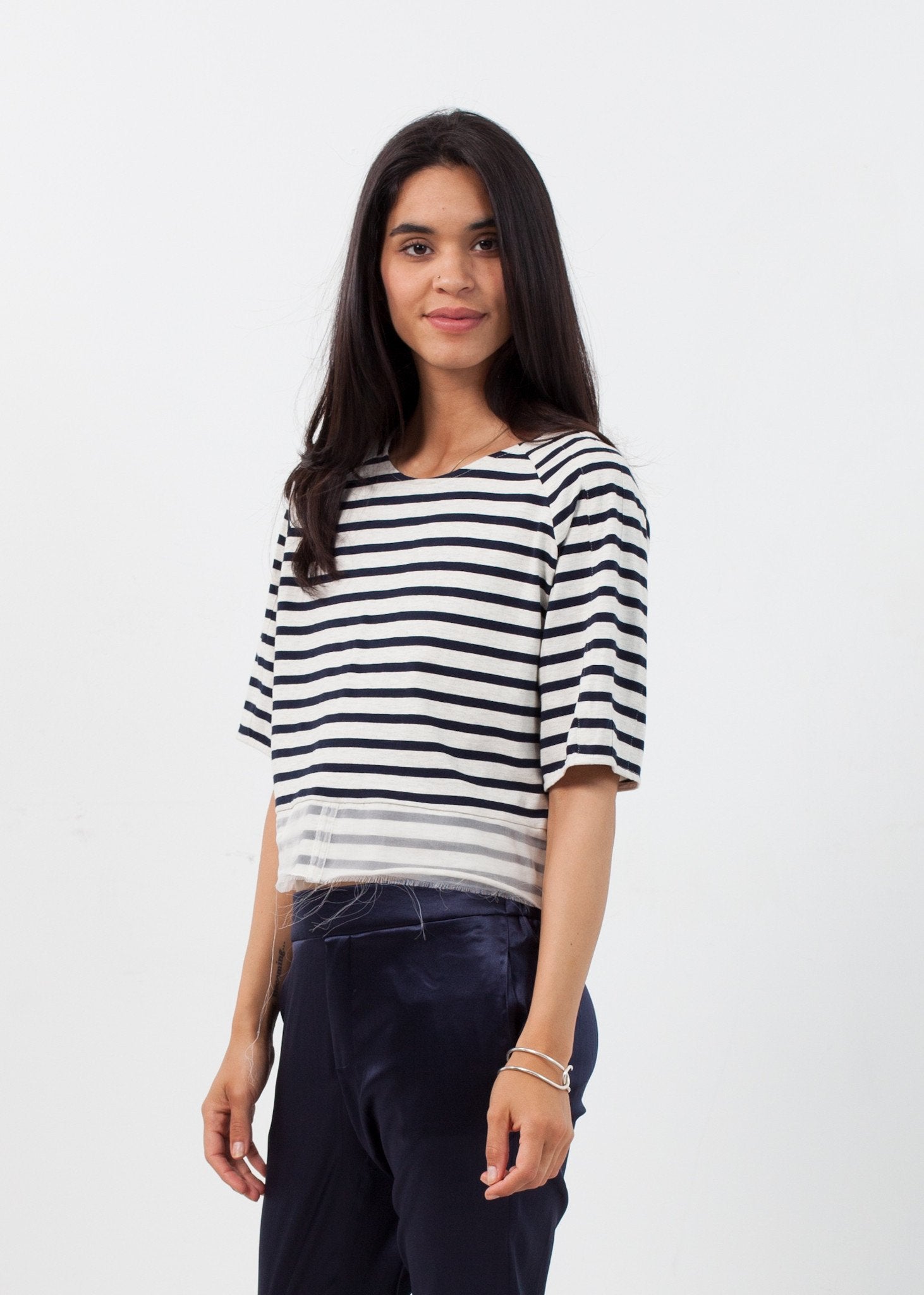 Sleeve Top in Navy Stripe|women's tops[option1]|[option2]|[option3] - hello